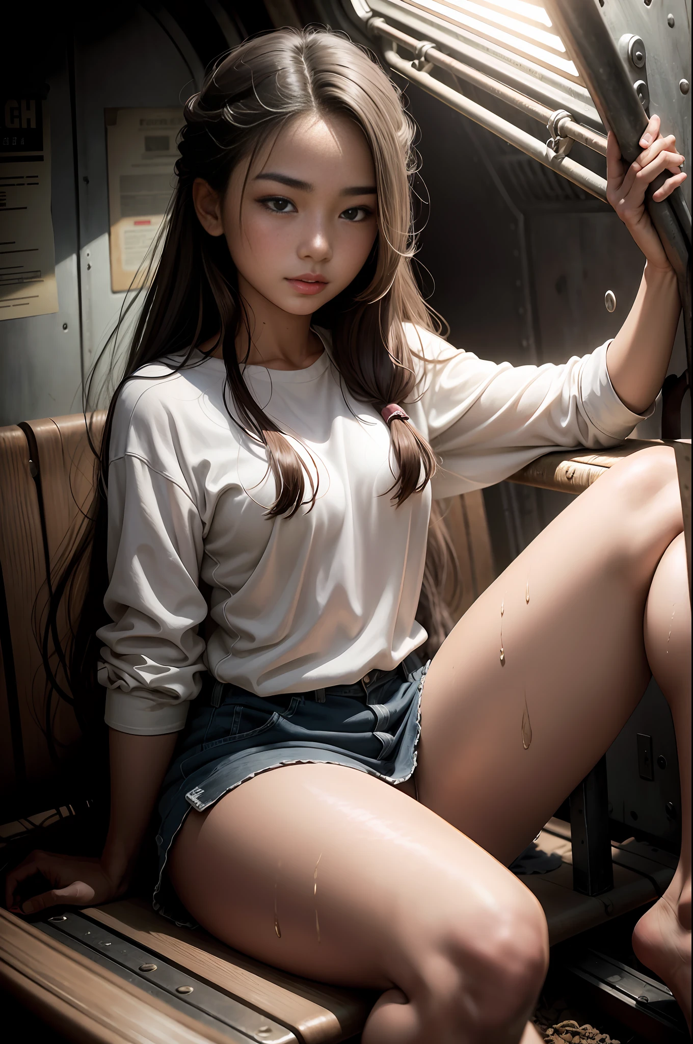 Top quality, full body detail, golden ratio (theatrical lighting: 0.7), masterpiece, spectator angle shot, mouth open, (23-year-old Filipino girl sweaty), straight looking mysteriously happy, camel ringer sitting on a crooked train, tousled hair, (in wet white cotton top), sunset, lush full body portrait, perfect face, amazing eyes, bright details (very detailed skin), accent lighting, depth of field, old camera,  Consciousness, Digital Grit, War Photography, Dog Perspective Photo Shoot, Bottom to Top