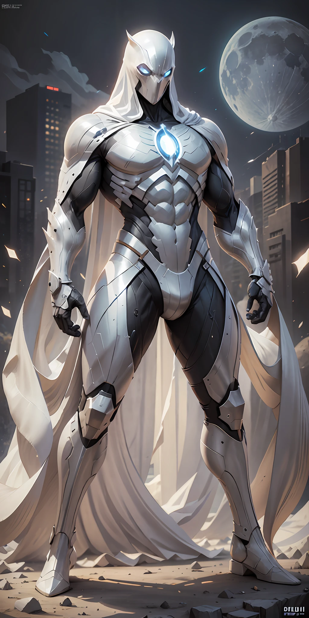 Moon Knight from Marvel, frontal, full-length, looking at the camera, facing the audience, standing pose, simple background, three-dimensional light, detailed full-body concept, sleek digital concept art, beautiful full-body concept art, art trend, CGsociety full-length,