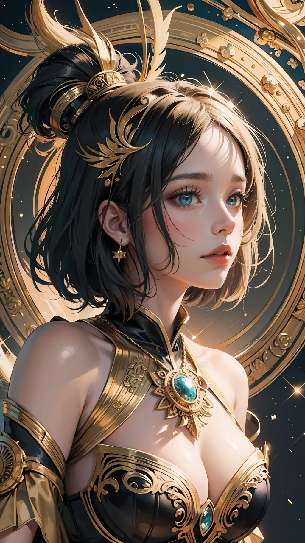 PerfectNwsjMajic,(masterpiece, top quality, best quality, official art, beautiful and aesthetic:1.2), (1girl), extreme detailed,colorful,highest detailed, official art, unity 8k wallpaper, ultra detailed, beautiful and aesthetic, beautiful, masterpiece, best quality, (zentangle, mandala, tangle, entangle) ,holy light,gold foil,gold leaf art,glitter drawing,