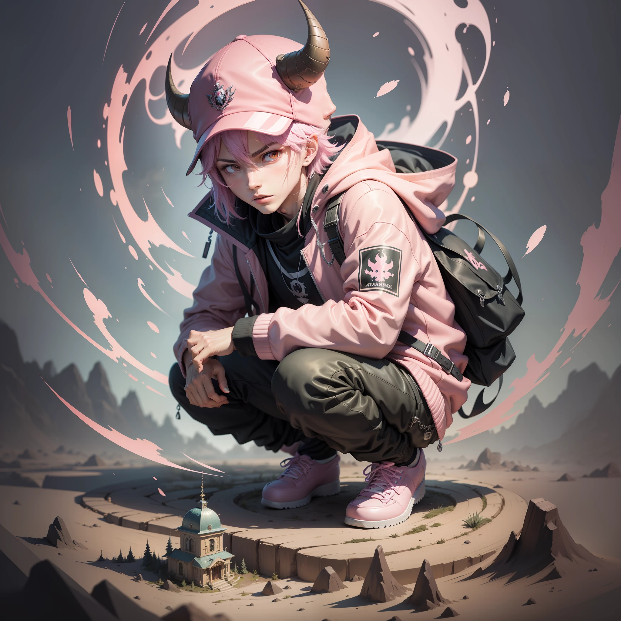 (masterpiece, superior quality, best quality) Unreal Engine 5 .1 , 1 boy, anime character with pink jacket, pink hat and white horns, crouched, pink iconic character, kentaro miura manga art style, high quality fanart, danganronpa digital art, lowres, demon boy, comic art, inspired by Jamie Hewlett, vibrant fan art, anato finnstark!!, official art, high quality colorful sketch
