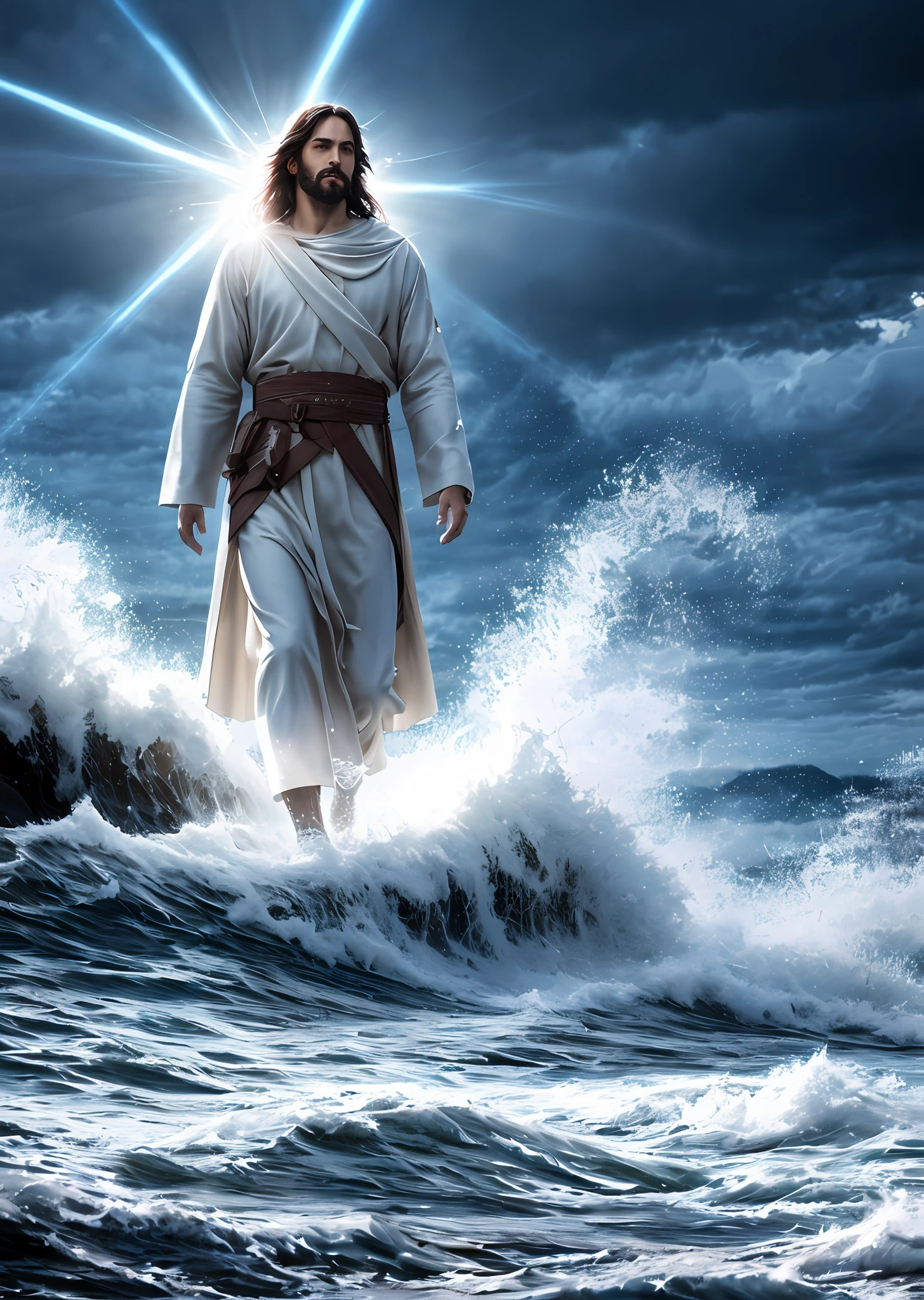 Jesus walking on water in a storm, gentle expression, streaks of light coming down from the sky, masterpiece, highest quality, high quality, highly detailed CG unit 8k wallpaper, award-winning photos, bokeh, depth of field, HDR, bloom, chromatic aberration, realistic, very detailed, trending at artstation, trending at CGsociety, complex, high detail, dramatic, mid-journey art, volumetric lighting