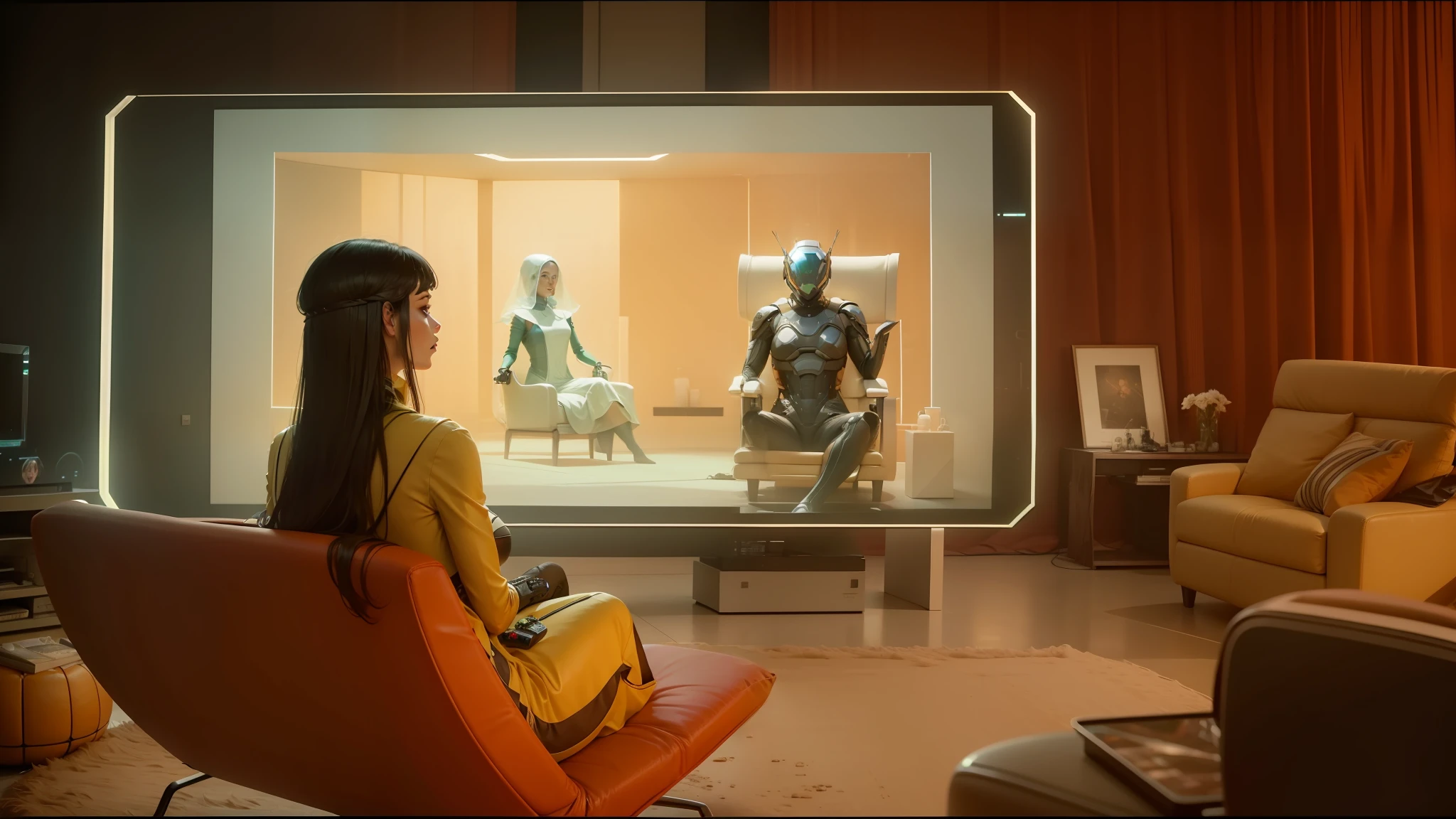 there is a woman sitting in a chair watching a movie on a big screen, ash thorp, perfect android girl family, glass arms, still from loki ( 2 0 2 1 ), 1970 furniture, alexa mini, the incal, cgsociety - no cameron, futuristic female beekeeper, gaming room in 2 0 4 0