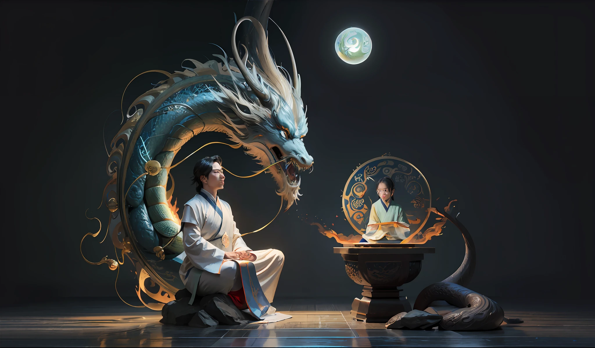 (harmony, balance, yin and yang), Chinese silk painting, Tai Chi principles, fluid movement, interrelated elements, interplay of contrasting forces, Taoist philosophy, touches of the I Ching, warm and cool tones, art of reflection, inspiration by Laozi, Zhuangzi, Yin-Yang Diagram, Tai Chi Diagram, Bagua Diagram, Unity of Spirit and Body, 1 attractive boy, 1 girl, ultra realistic face, highly detailed eyes, Solo, Taoism, Summoning Magic, Movie Lighting, Fire and Ice Split, Bagua Background, Circle Bagua, Yiyang, Taoist Practice, Meditation Sitting, Buddha Sitting, Spiral Dragon, Top Cloud Dragon,