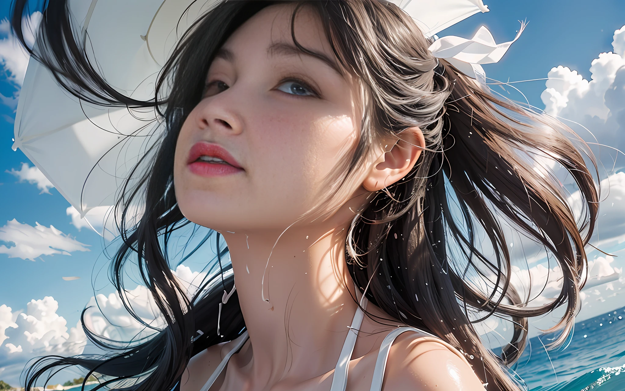 Masterpiece, Top quality, Fine, High resolution, Spirit color, One girl, 13 year old cute woman, wet thin fabric swimsuit, (super big: 2.9), face up, (from top of head to chest: 2.9), wet sheer white micro bikini, white micro bikini soaked in gel, solo, big breasts, very cute lips, cleavage, black hair blown by the real wind, long hair with 2 mails, laughing face, sun, side tie bikini, sky, clouds, smile, black eyes, teeth, face closeup, translucent white bikini