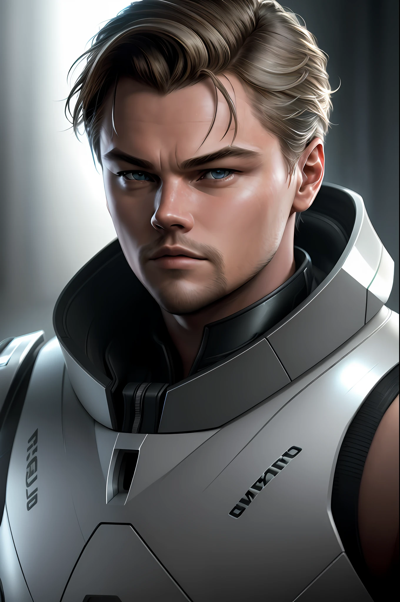 A man named Leonardo dicaprio cybernetic. Realistic, 4k, ultra detailed, epic, cinematic lighting, photography, film style, natural light, natural blur, photorealism, cinematic rendering, ray tracing, highest quality, highest detail, cinematic, blur effect, long exposure, 8K, moody lighting,