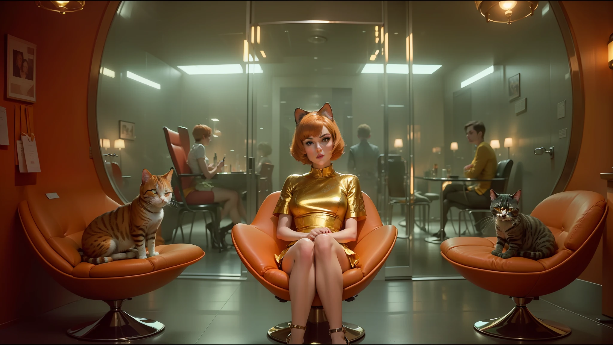 there are two cats sitting in a chair with a woman sitting on it, roger deakin ’ s cinematography, apple orange, gloss, swift, protagonist in foreground, short hair style, mercury dress, golden computers, scottish fold, barbarella, floors, person in foreground, elevator, stylised, header, taylor swift with green dress, sixties, champagne