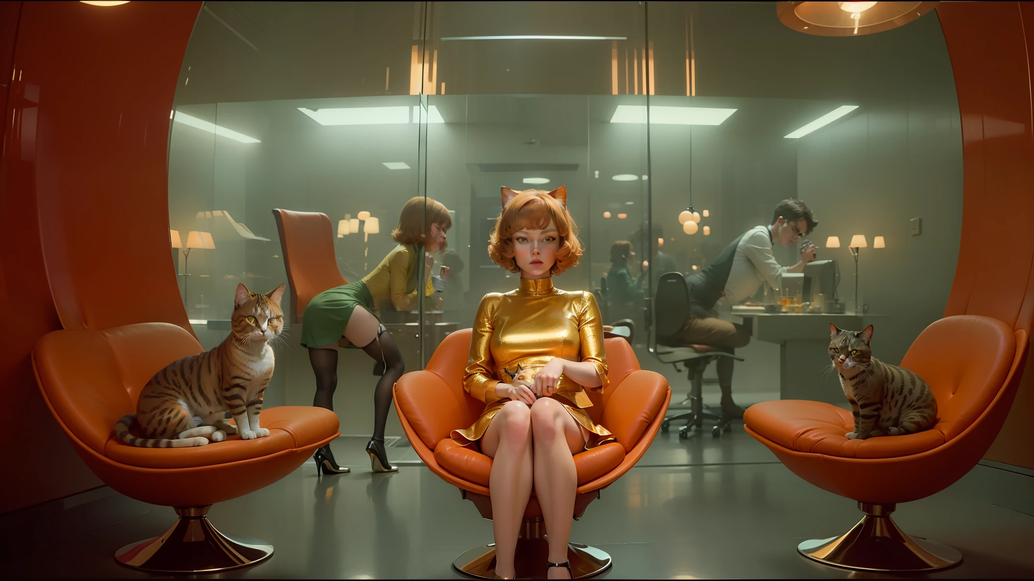 there are two cats sitting in a chair with a woman sitting on it, roger deakin ’ s cinematography, apple orange, gloss, swift, protagonist in foreground, short hair style, mercury dress, golden computers, scottish fold, barbarella, floors, person in foreground, elevator, stylised, header, taylor swift with green dress, sixties, champagne