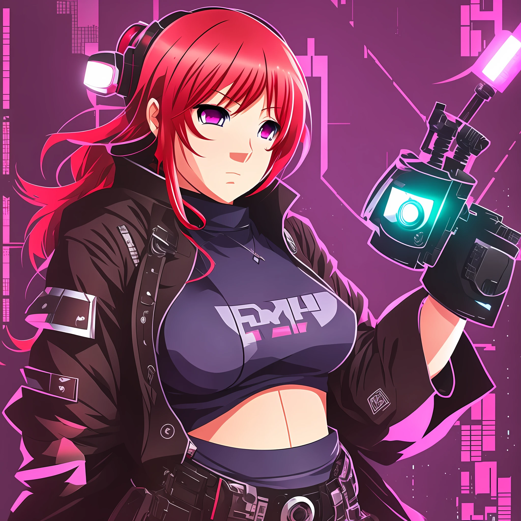 Draw a fat redheaded anime girl with cyberpunk outfit --auto --s2