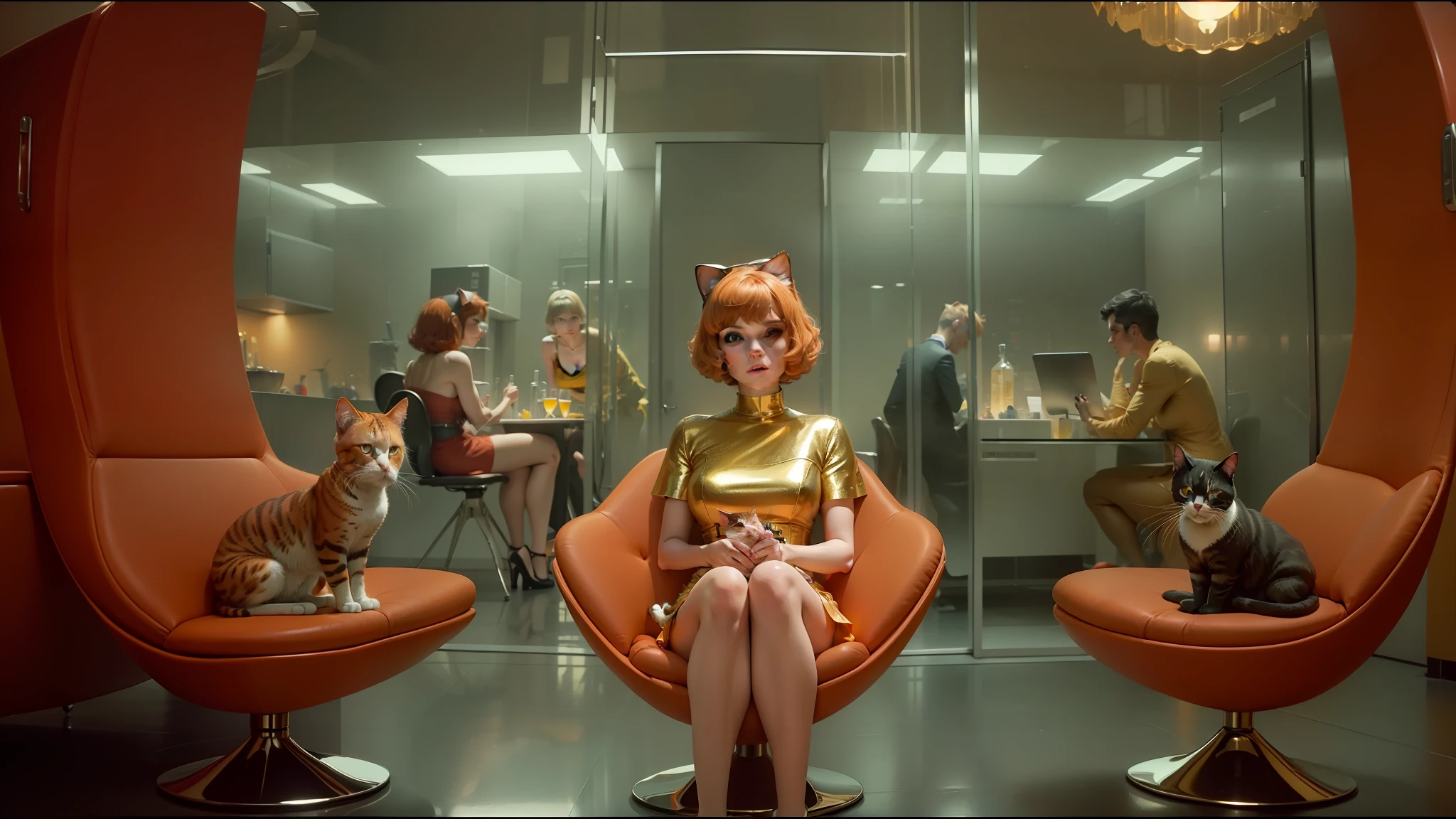 there are two cats sitting in a chair with a woman sitting on it, roger deakin ’ s cinematography, apple orange, gloss, swift, protagonist in foreground, short hair style, mercury dress, golden computers, scottish fold, barbarella, floors, person in foreground, elevator, stylised, header, taylor swift with green dress, sixties, champagne
