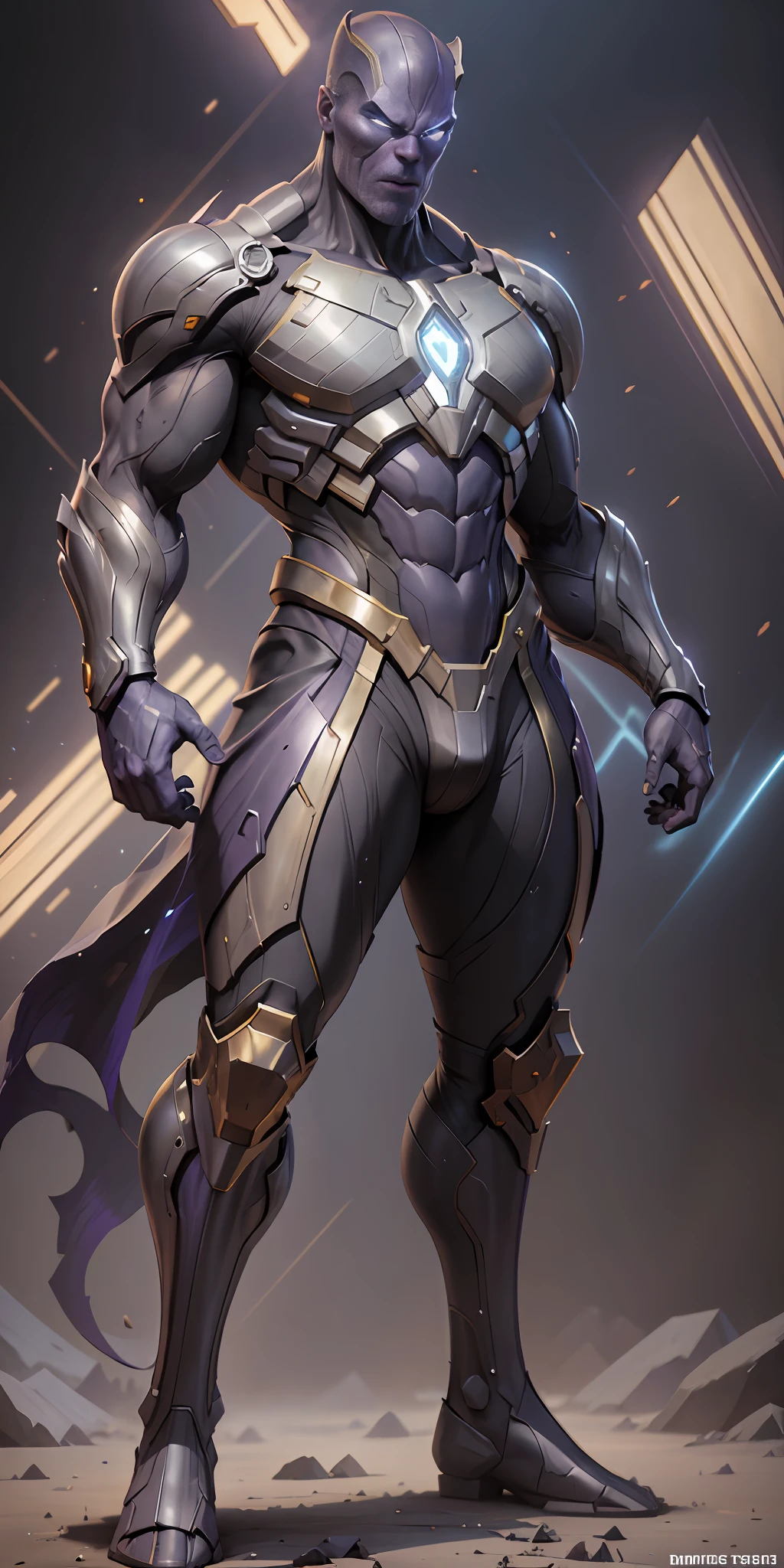 Thanos from Marvel, frontal, full-length, looking at the camera, facing the audience, standing pose, simple background, three-dimensional light, detailed full-body concept, sleek digital concept art, beautiful full-body concept art, art trend, CGsociety full-length,