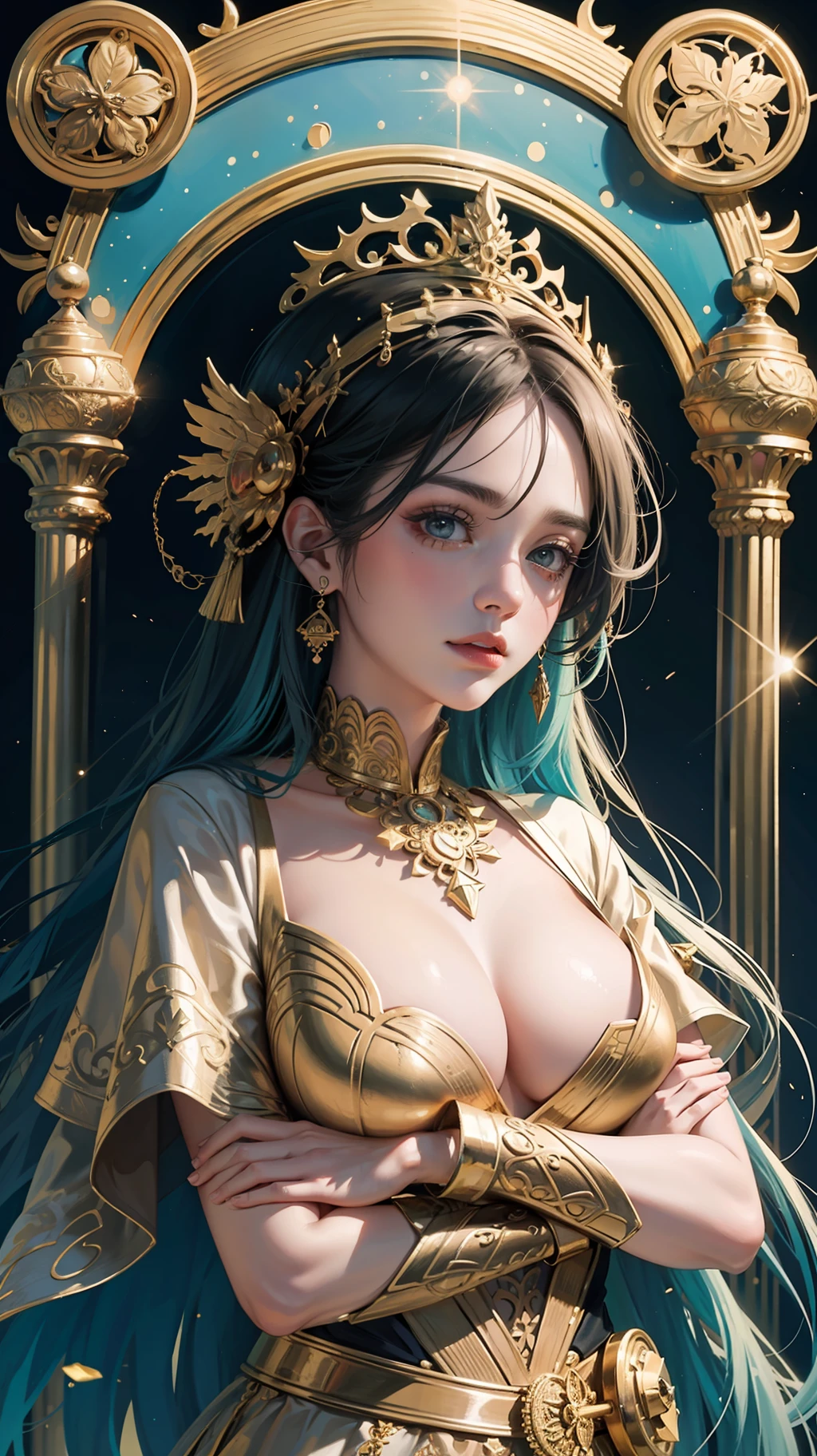 PerfectNwsjMajic,(masterpiece, top quality, best quality, official art, beautiful and aesthetic:1.2), (1girl), extreme detailed,colorful,highest detailed, official art, unity 8k wallpaper, ultra detailed, beautiful and aesthetic, beautiful, masterpiece, best quality, (zentangle, mandala, tangle, entangle) ,holy light,gold foil,gold leaf art,glitter drawing,