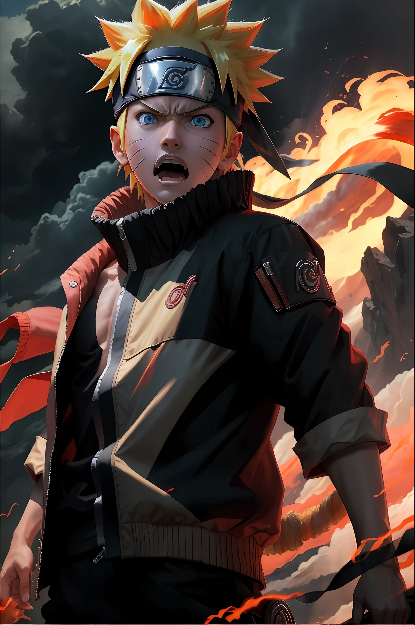 Naruto,1boy,  lightning, angry, open mouth,nearly naked coat, fire red eyes, flamingEye