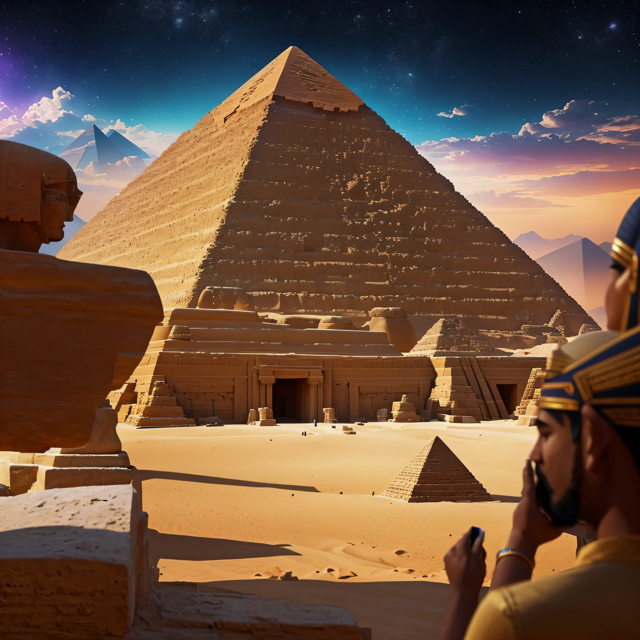 Create a surreal hologram space that showcases the rich history and heritage of ancient Egypt. Use isometric artistic style to bring the pyramids, sphinx, and hieroglyphics to life. The camera angle should be a wide-angle shot to capture the grandeur of the ancient structures. The lighting should be dim::-0.5 to create an atmosphere of mystery and wonder. Add sensory details such as the smell of incense and the sound of chanting to transport viewers to another time and place. --auto --s2