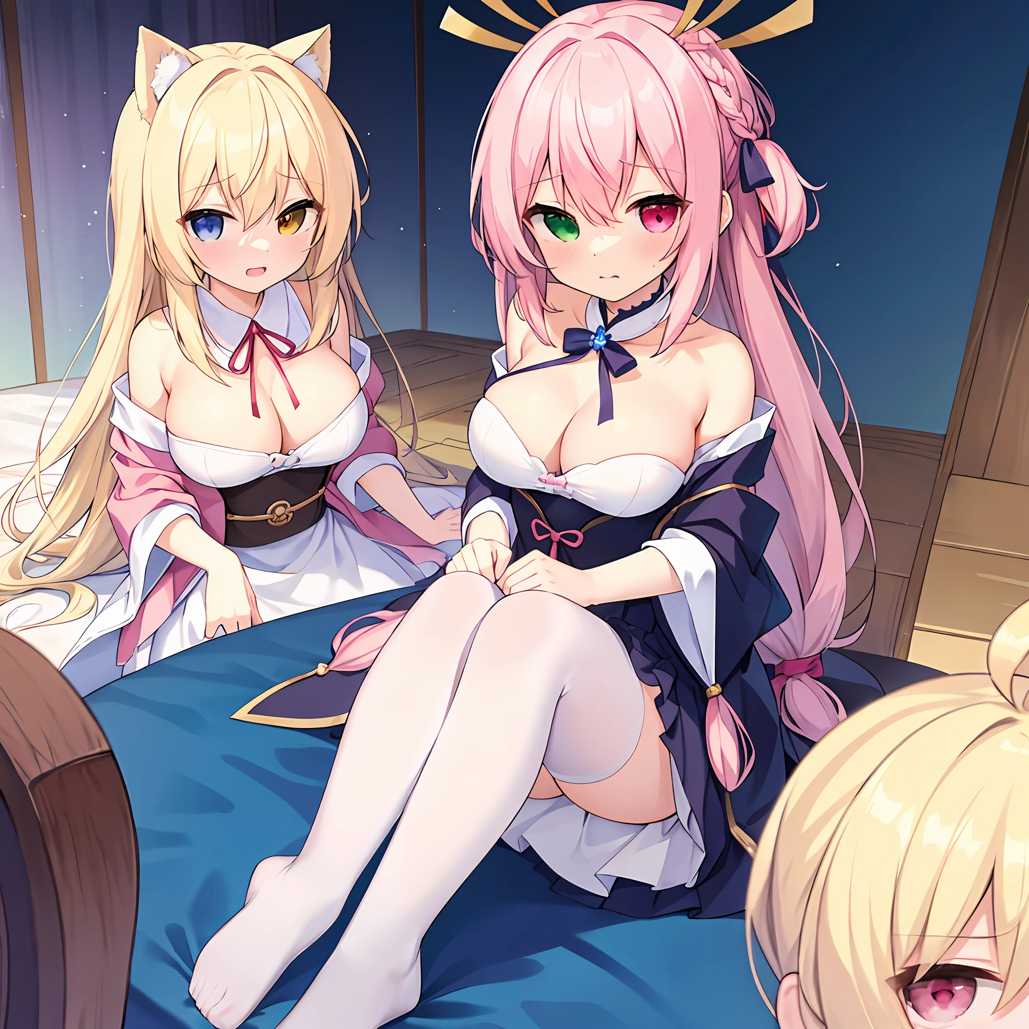 (Masterpiece, Super Detail, Top Quality, 8k, 32K, High Resolution, Kyoto Animation Style Anime Illustrations, Top Quality Official Art Features: 1.6), (Heterochromia, Blue and Green Eyes: 1.8 ), (Chibi: 1.8), (pale pink hair, braid, cute ribbon: 1.3), underwear, beautiful big breasts that seem to burst, hands holding breasts, troubled face, cleavage flowing milk, fashionable pink girls' room