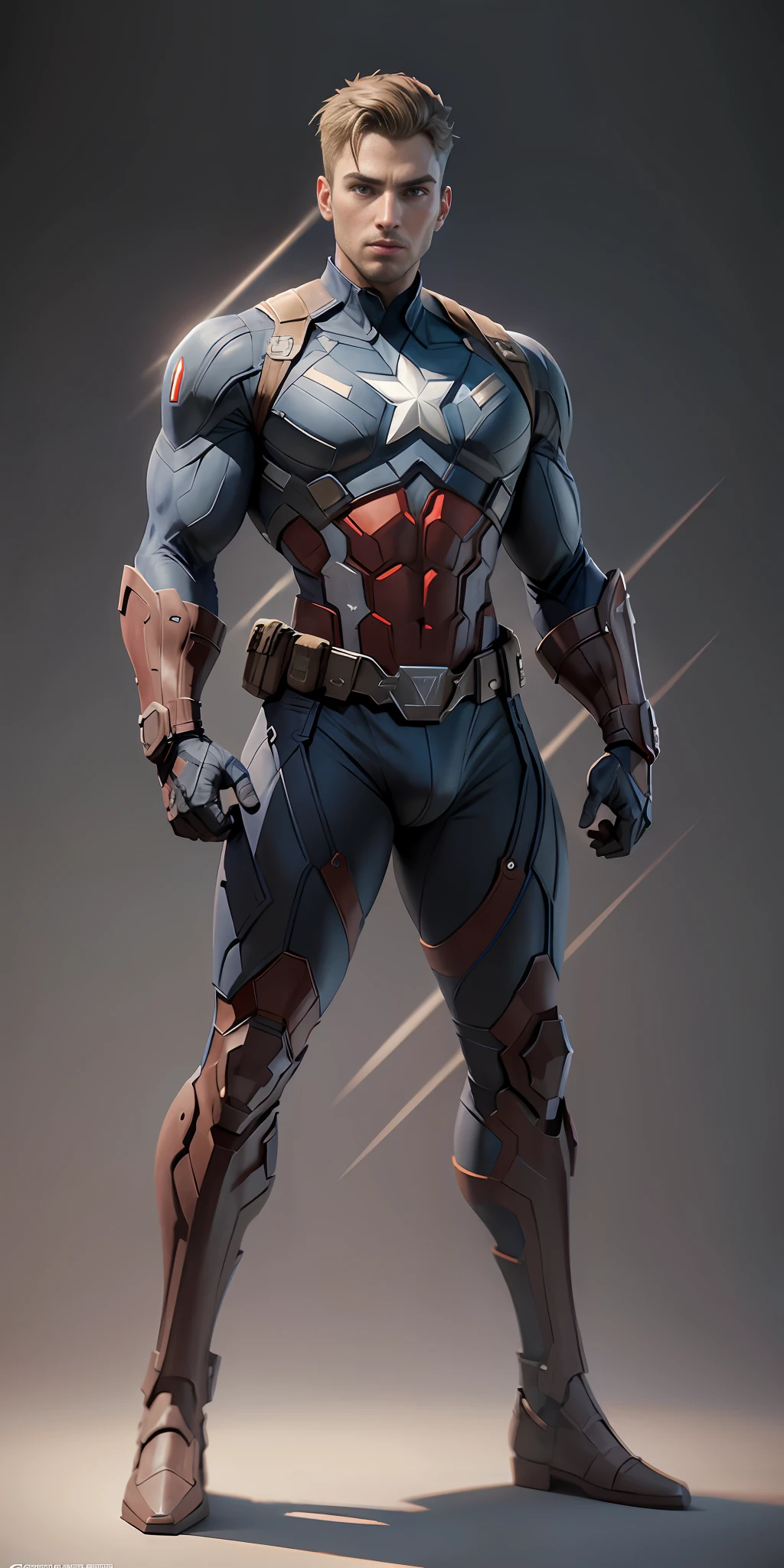 Captain America from Marvel, frontal, full-length, looking at the camera, facing the audience, standing pose, simple background, three-dimensional light, detailed full-body concept, sleek digital concept art, beautiful full-body concept art, art trend, CGsociety full-length,