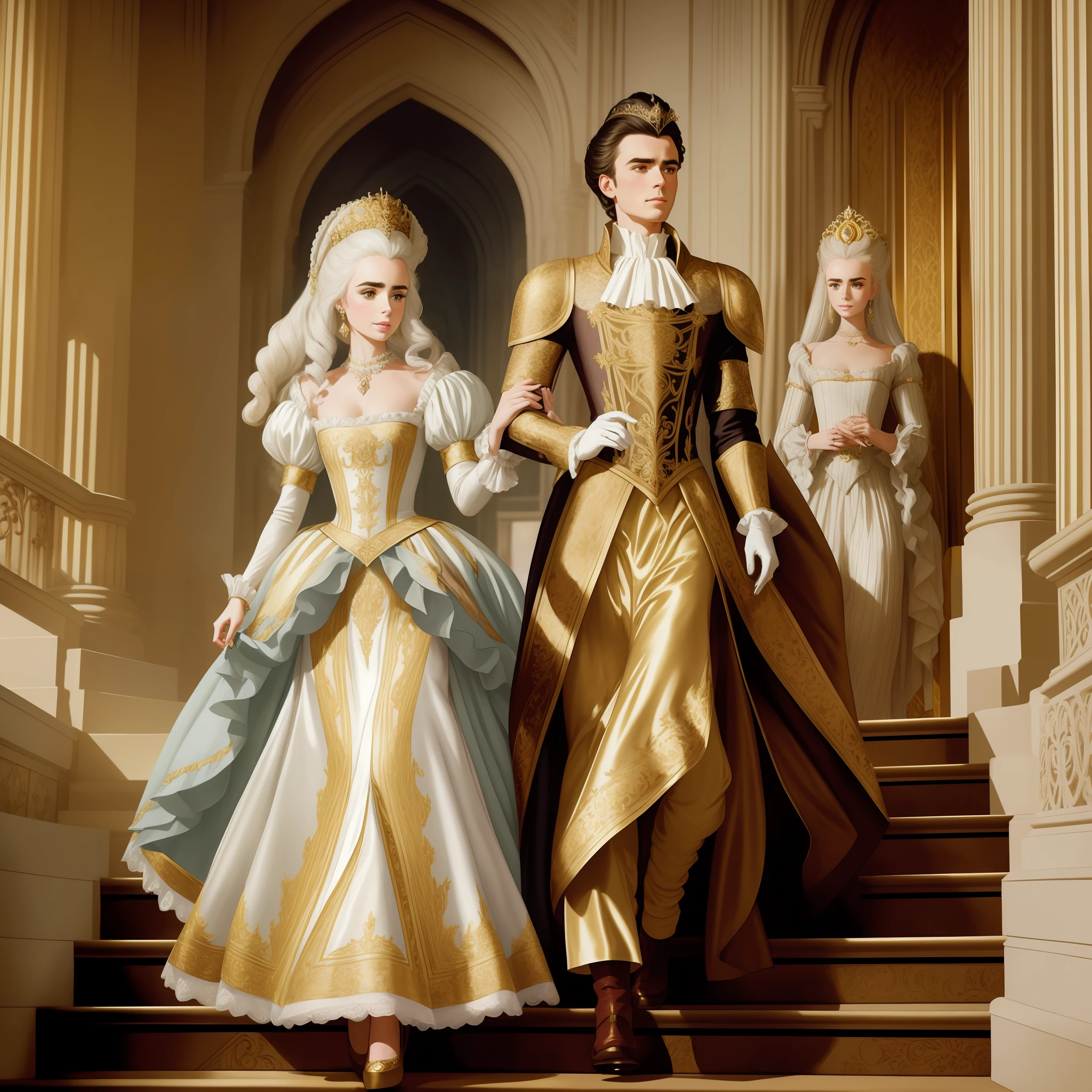 Lily Collins with white hair with Marie Antoinette hairstyle, wearing a super detailed medieval gold long sleeve dress and gloves, diamond tiara, walking down the stairs from inside a palace in the hall where a costume ball takes place with several ladies and knights illustration is detailed, soft and shiny, art by Greg Hildebrandt