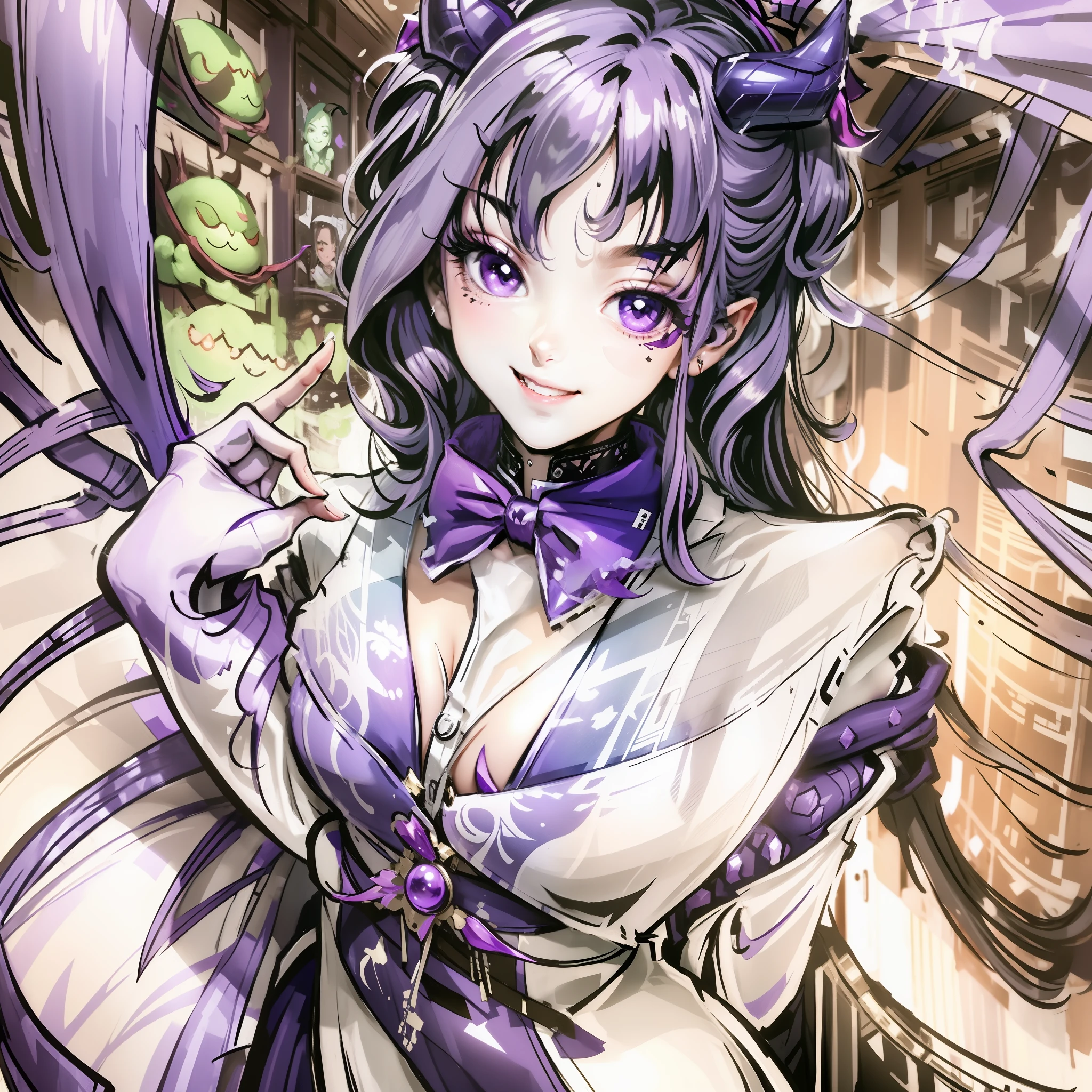 A succubus, who wears a white suit and has a violet on his head, smiling near a school closet
