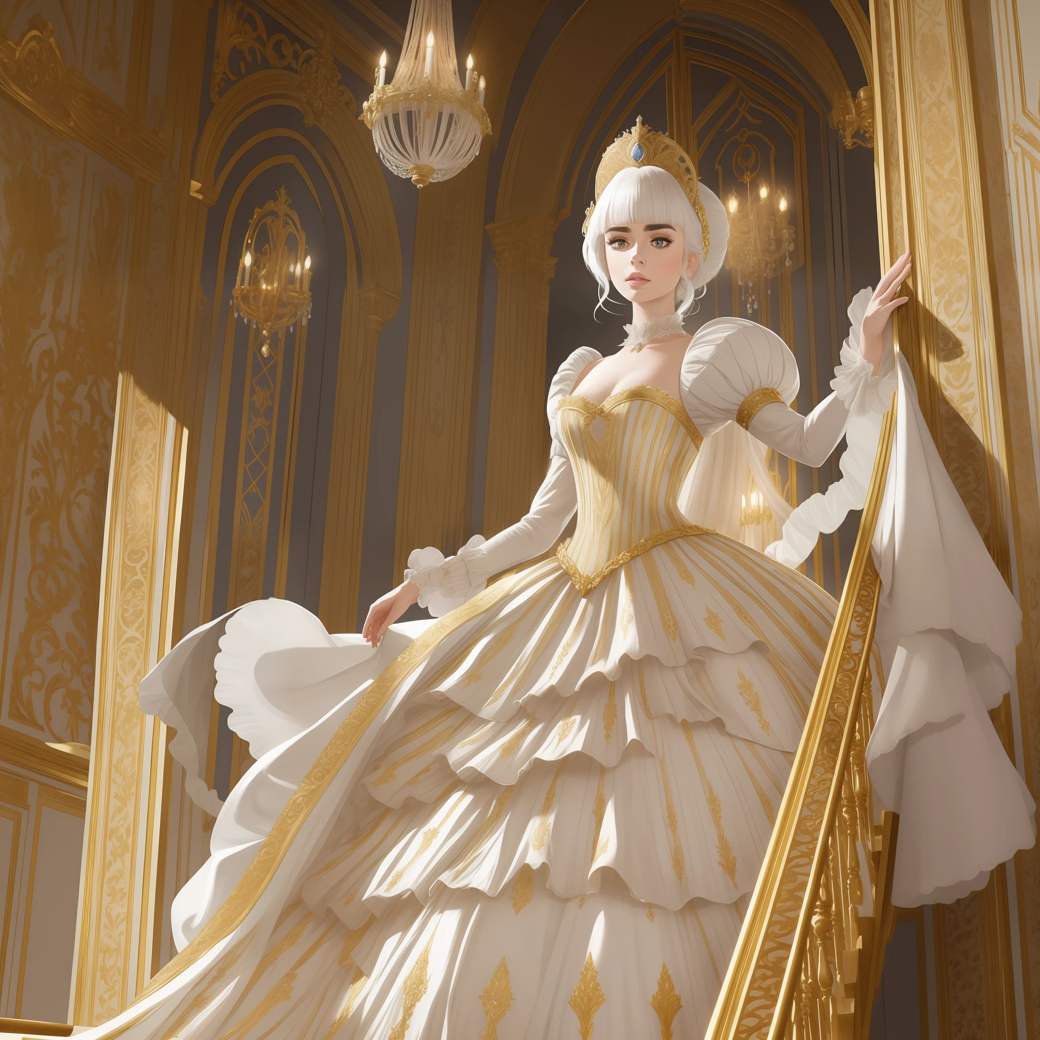Lily Collins with white hair with Marie Antoinette hairstyle, wearing a super detailed gold long sleeve dress and gloves, diamond tiara, coming down the stairs from inside a palace in the hall where a costume ball with various ladies and knights takes place illustration is detailed, soft and bright, Samyang's art