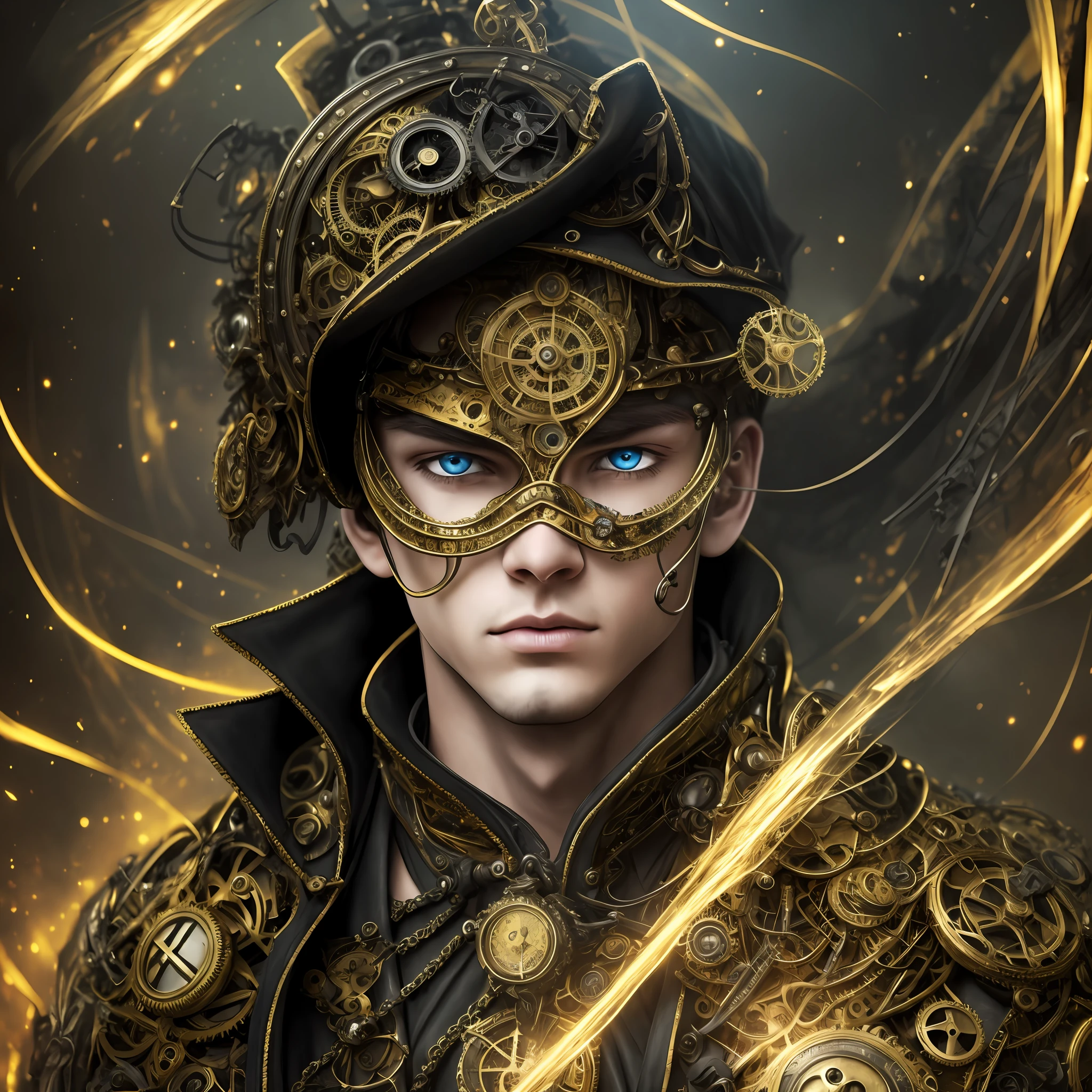 63, 1boy, night black and yellow steampunk clothes, fractured reality, fractal eyes, dark shadowmancer, long shot, 8k, male, whole body visible, finely detailed, beautiful defined detailed face, beautiful detailed eyes, beautiful detailed shading, highly Detailed body, intricate details, upscaled image --auto --s2