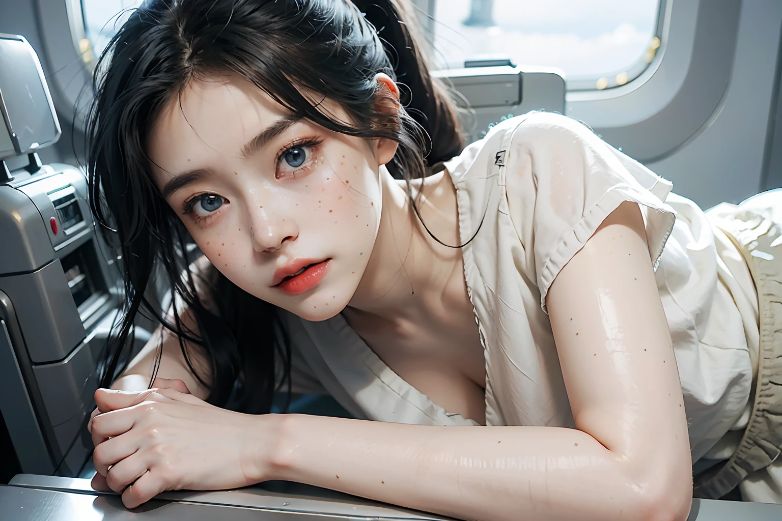 RAW photo, dynamic angle, highly detailed, soft light, 1girl, , full body, pale skin, korean, , smiling, in airplane, ponytail black hair, bright blue eyes, freckles, head tilted, cinematic lighting, motion blur, god rays, reflection light, ray tracing, 85mm, Nikon 8k, masterpiece