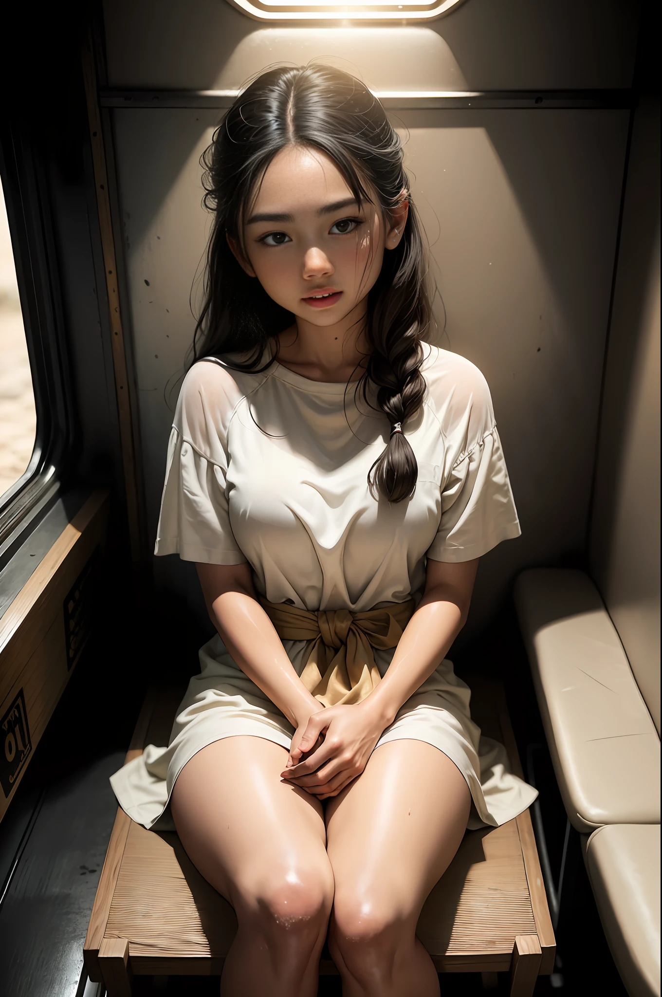 Top quality, full body detail, golden ratio (theatrical lighting: 0.7), masterpiece, spectator angle shot, mouth open, (23-year-old Filipino girl sweaty), straight looking mysteriously happy, camel ringer sitting on a crooked train, tousled hair, (in wet white cotton top), sunset, lush full body portrait, perfect face, amazing eyes, bright details (very detailed skin), accent lighting, depth of field, old camera,  Consciousness, Digital Grit, War Photography, Dog Perspective Photo Shoot, Bottom to Top