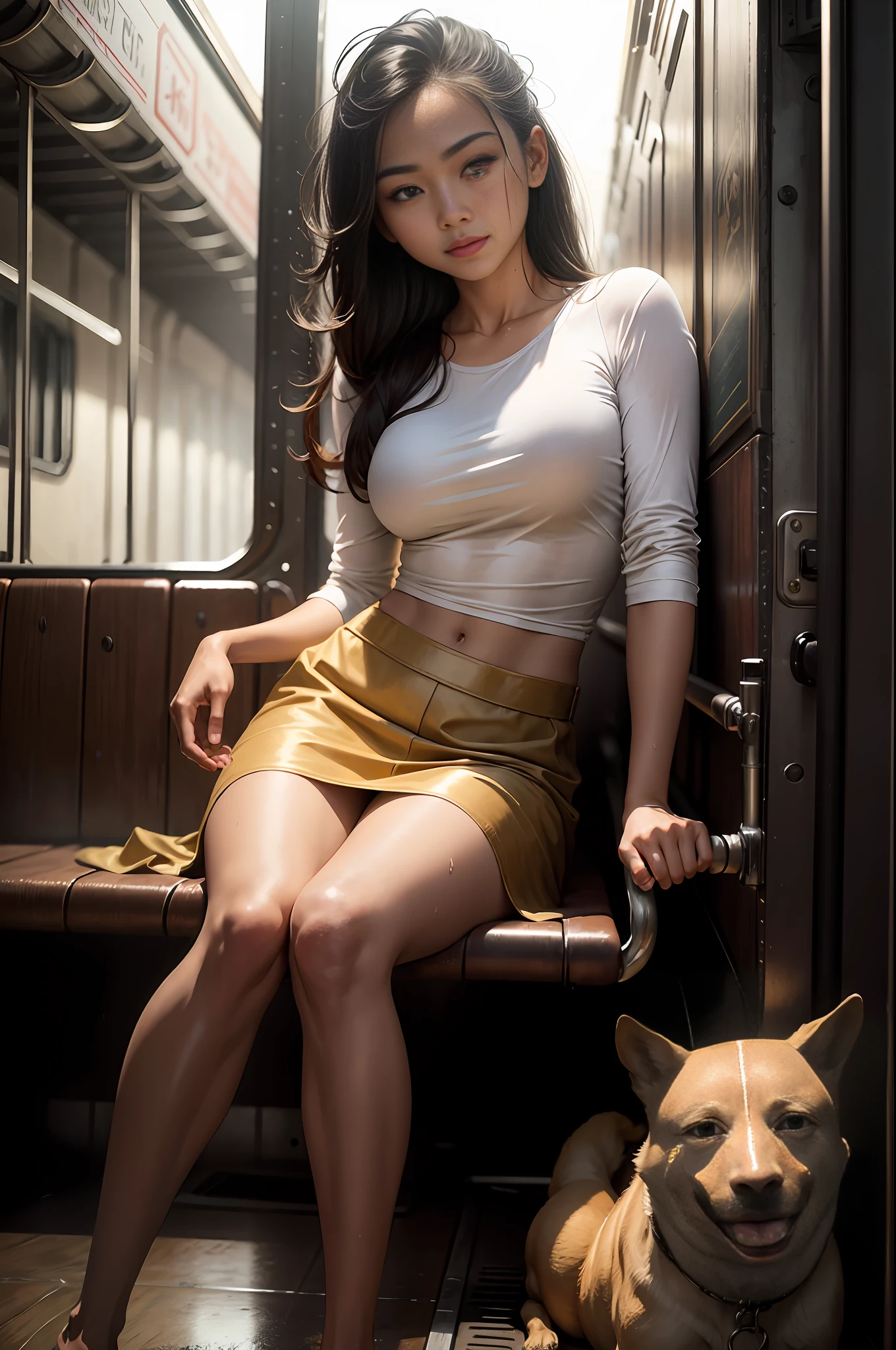 Top quality, full body detail, golden ratio (theatrical lighting: 0.7), masterpiece, spectator angle shot, mouth open, (23-year-old Filipino girl sweaty), straight looking mysteriously happy, camel ringer sitting on a crooked train, tousled hair, (in wet white cotton top), sunset, lush full body portrait, perfect face, amazing eyes, bright details (very detailed skin), accent lighting, depth of field, old camera, Consciousness, Digital Grit, War Photography, Dog Perspective Photo Shoot, Bottom to Top