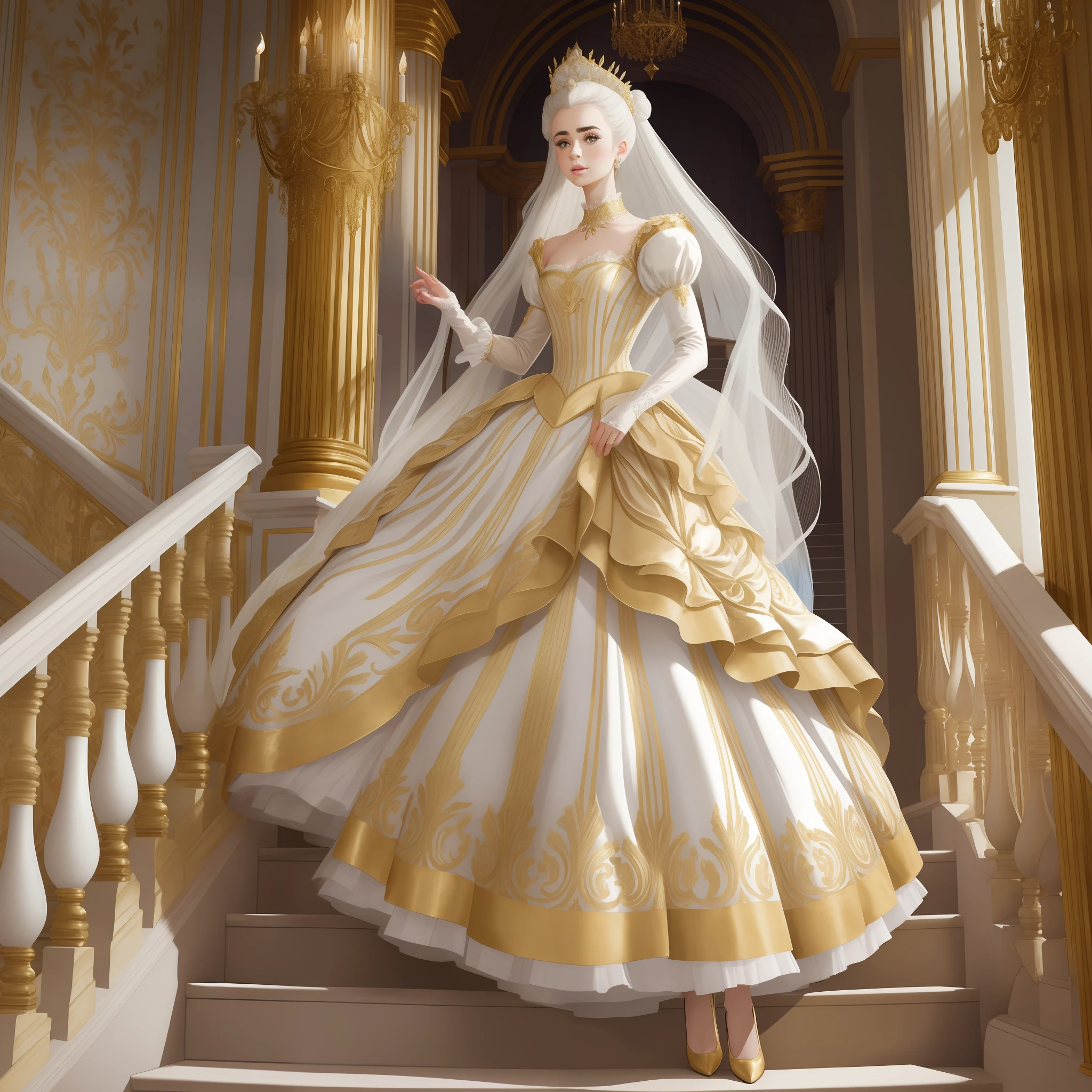 Lily Collins with white hair with Marie Antoinette hairstyle, wearing a super detailed gold long sleeve dress and gloves, diamond tiara, coming down the stairs from inside a palace in the hall where a costume ball with various ladies and knights takes place illustration is detailed, smooth and bright, art by Justin Gerard