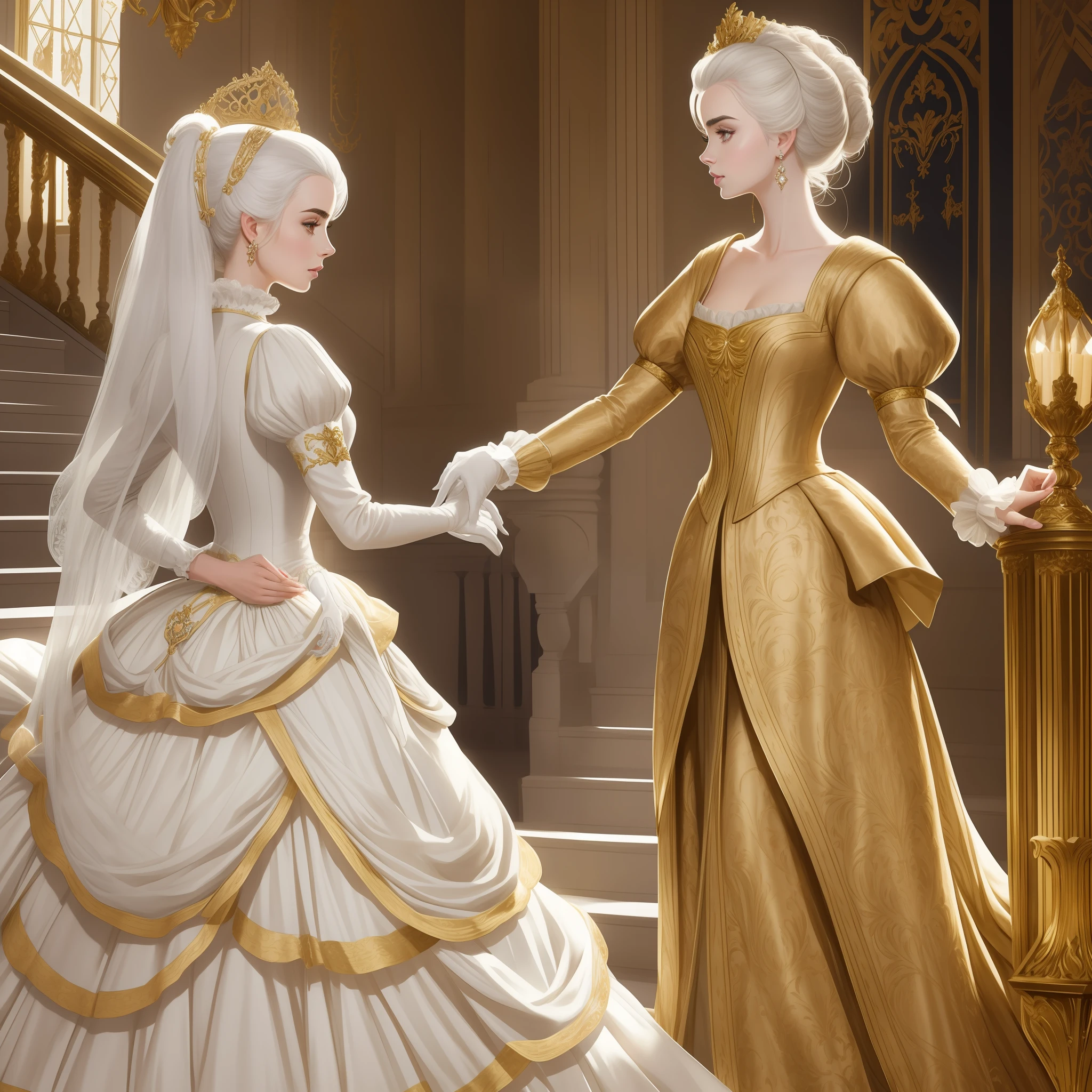 Lily Collins with white hair with Marie Antoinette hairstyle, wearing a super detailed gold long sleeve dress and gloves, diamond tiara, coming down the stairs from inside a palace in the hall where a costume ball with various ladies and knights takes place illustration is detailed, smooth and bright, art by Justin Gerard