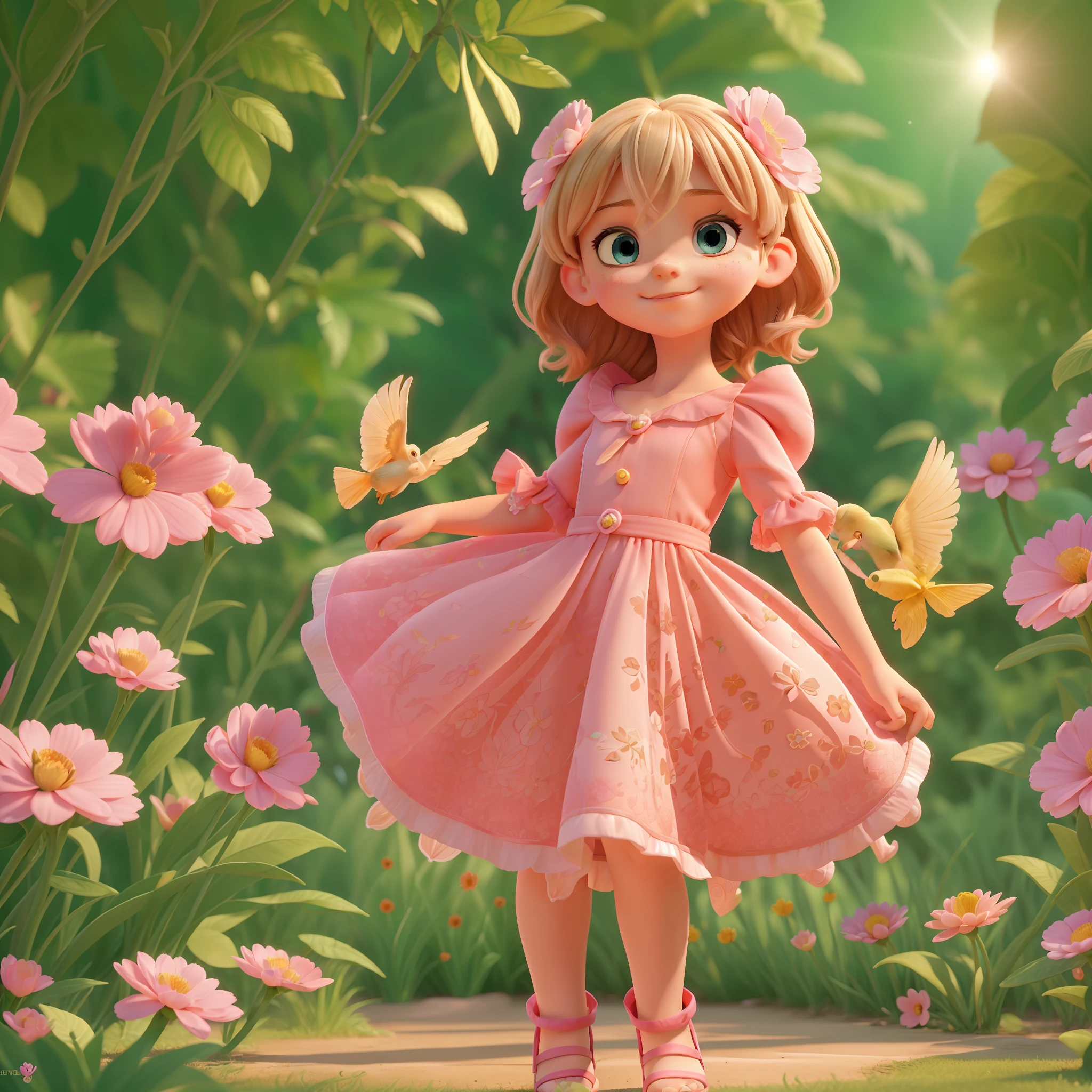 (a child, 4 years old), beautiful face, sunlight, cinematic light, beautiful child, beautiful eyes, smile, perfect anatomy, (full body), centered image, stylized, bioluminescence, full size 8, 8k resolution, pink details, human hands, full of admiration, elegant, approaching perfection, dynamic, highly detailed, character sheet, concept art, smooth, looking directly at the viewer positioned so that his body is symmetrical and balanced, Incredibly beautiful child, detailed hairstyle, full body shot, character sheet, lightning, 3d, cgi, bright neon, pink dress, flowering garden with flowers and trees, bird, with radiant sun.