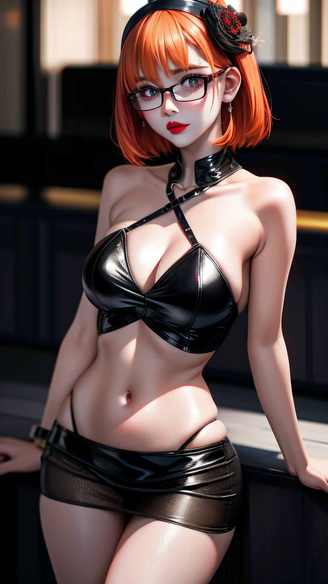 Best quality, masterpiece, high detail, more realistic, high definition, body shape, realistic breasts, beautiful body, 15 year old white Korean girl, small, not tall, has a good figure. and chest shape, she has short orange hair, bob hair with bangs wearing glasses, black mini skirt, seductive dancing on the beach, short orange bob hair, (RAW photo, realism: 1.8), (very red lip gloss, jet red lipstick, lots of eyelashes, dark black shadow, shy, blush, high quality, high resolution, depth of field, chromatic aberration, caustic, wide light, natural colors, Japanese, woman in her 30s), same face, same model