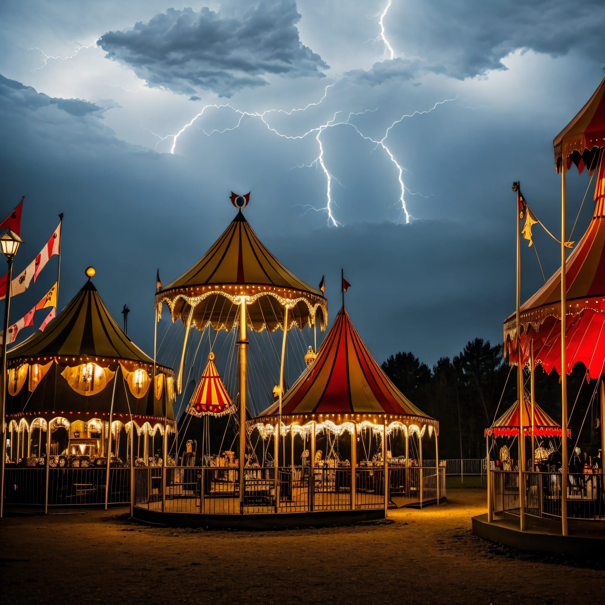 Dark mode. Circus tent with a carousel in front. One floor. ((Evil and creepy atmosphere)). Landscape and night in the background. Thunderstorm with lightning. Crazy clowns.