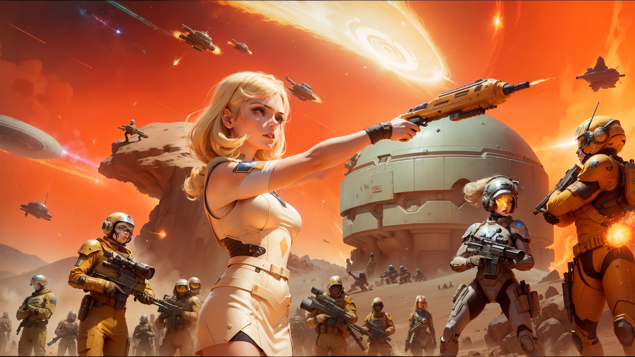 arafed image of a woman holding a gun in front of a group of people, retro sci - fi art, inspired by Stevan Dohanos, blonde girl in a cosmic dress, movie promotional image, a soldier aiming a gun, inevitable doom, still frame from a movie, asteroids, brown armor --ar 16:9 --v 5.1