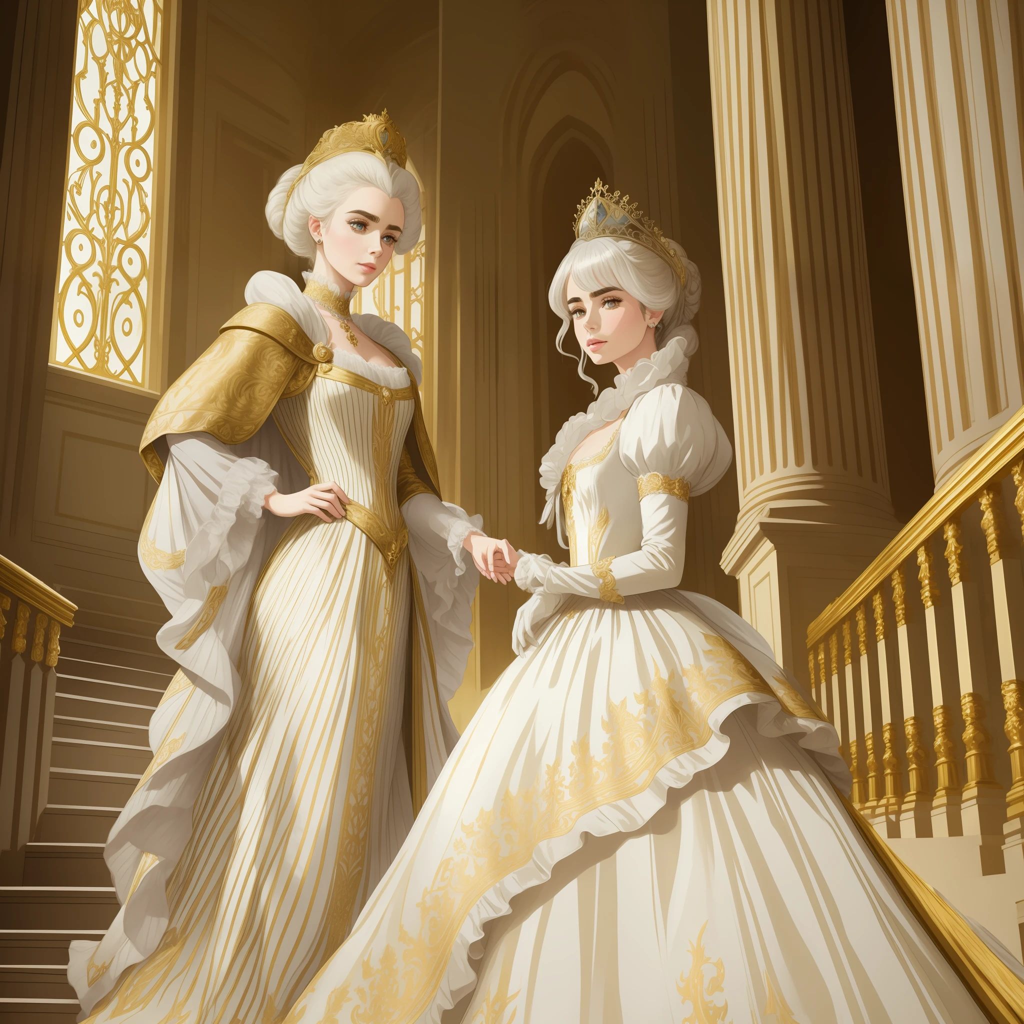 Lily Collins with white hair with Marie Antoinette hairstyle, wearing a super detailed golden long sleeve dress and gloves, diamond tiara, coming down the stairs from inside a palace in the hall where a costume ball with various ladies and knights takes place illustration is detailed, smooth and bright, art by Alphonse Mucha