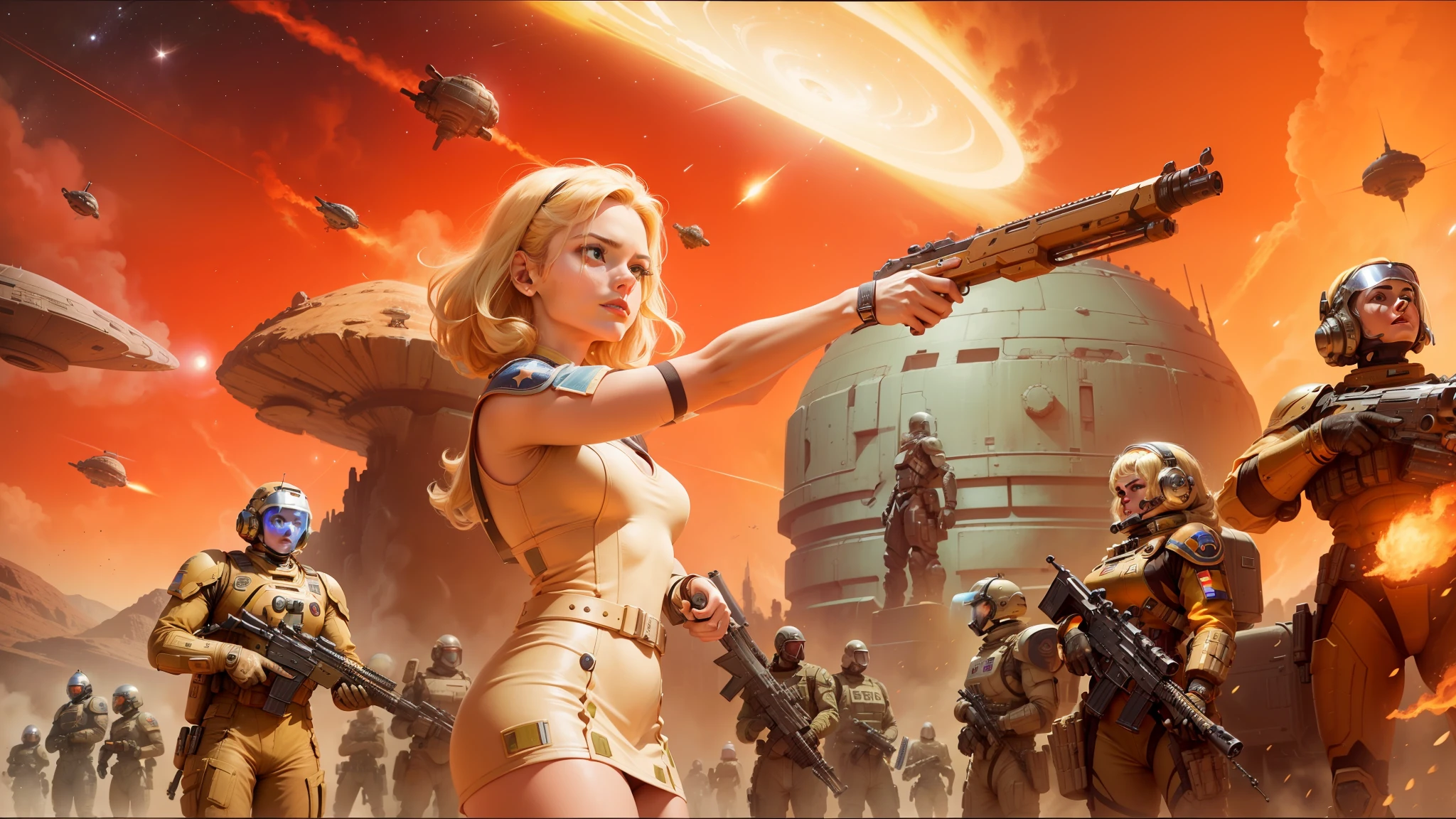 arafed image of a woman holding a gun in front of a group of people, retro sci - fi art, inspired by Stevan Dohanos, blonde girl in a cosmic dress, movie promotional image, a soldier aiming a gun, inevitable doom, still frame from a movie, asteroids, brown armor --ar 16:9 --v 5.1