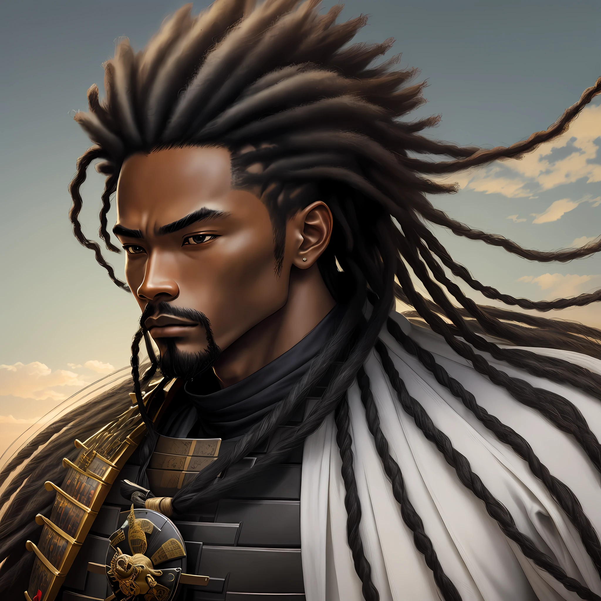 Masterpiece, best quality, details, 1Male, adult, African hair, Black Samurai, Symbolism, Art, Beautiful, Beautiful, Courage, Gentle