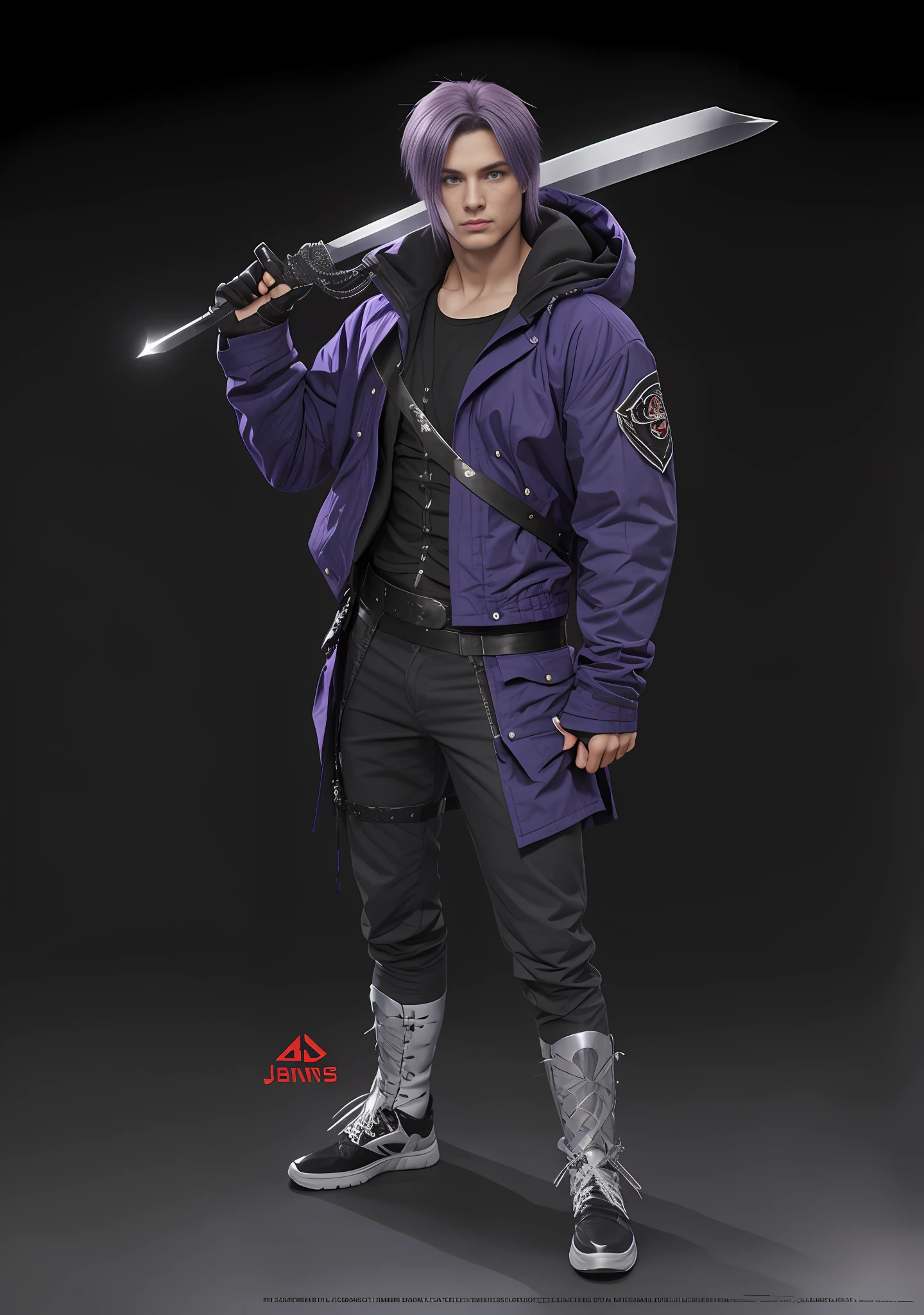 4K, man, purple hair, holding sword, jens jacket,blue eyes, super muscular body.