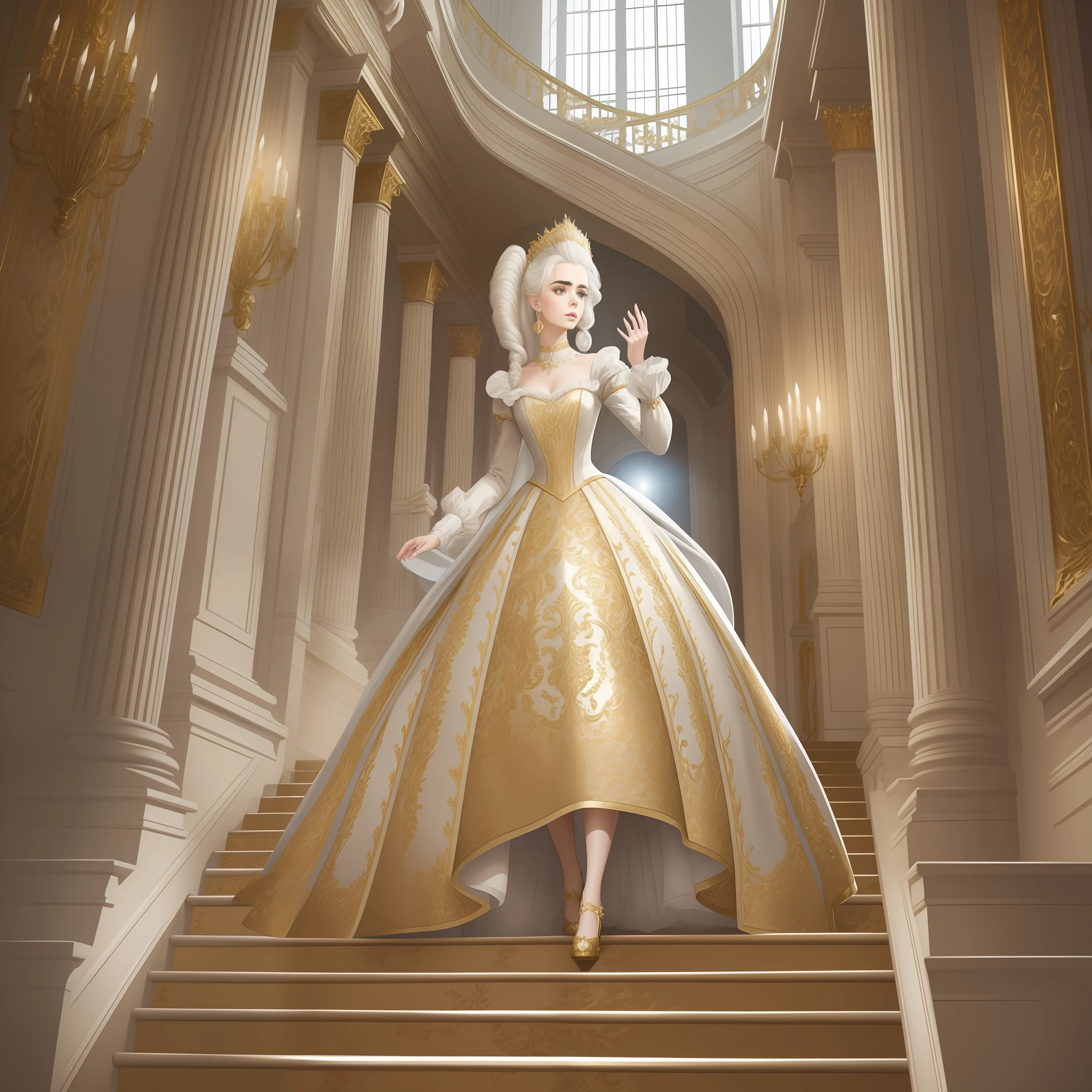 Lily Collins with white hair with Marie Antoinette hairstyle, wearing a super detailed gold long sleeve dress and gloves, diamond tiara, coming down the stairs from inside a palace in the hall where a costume ball with various ladies and knights takes place illustration is detailed, soft and bright, WLOP art