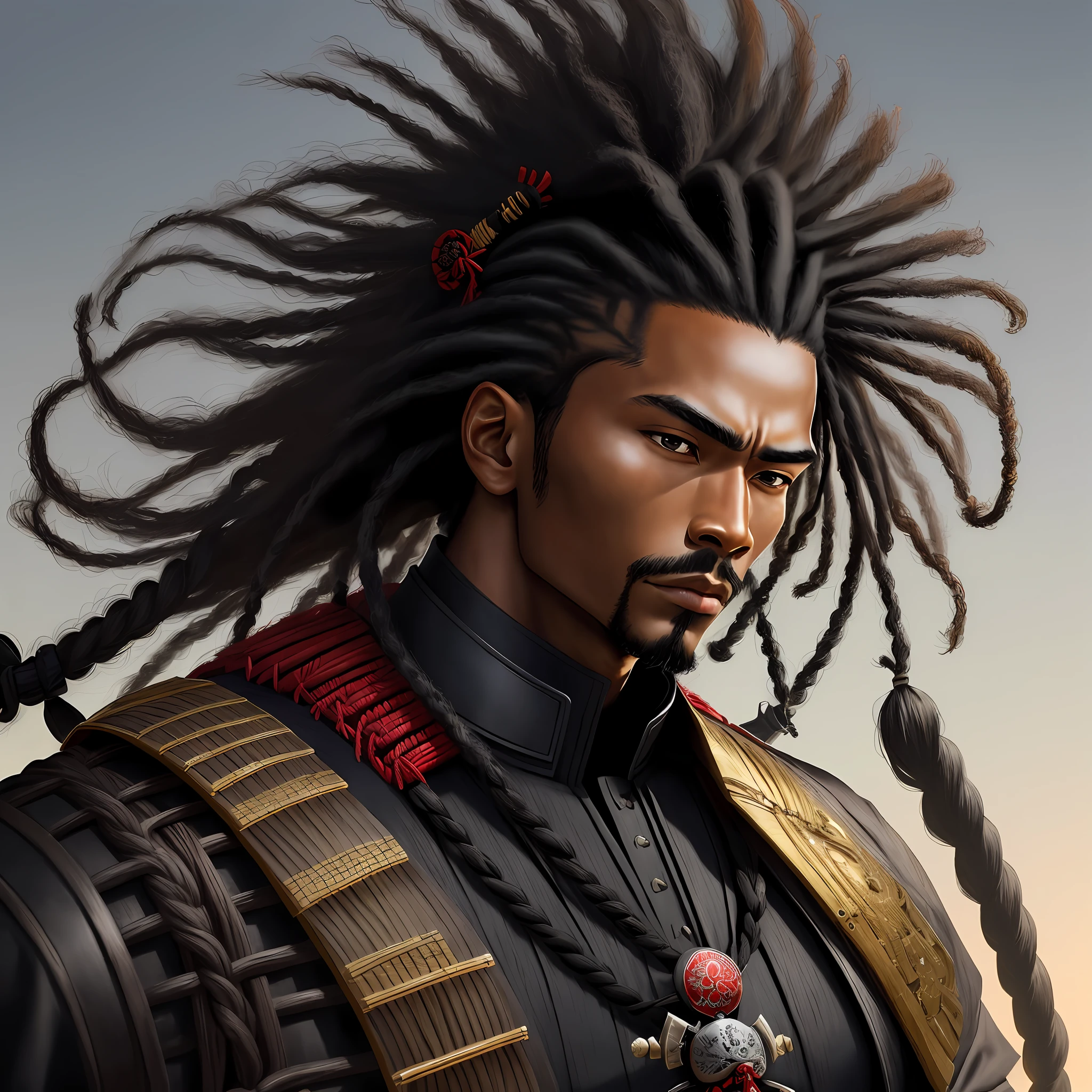 Masterpiece, best quality, details, 1Male, adult, African hair, Black Samurai, Symbolism, Art, Beautiful, Beautiful, Courage, Gentle