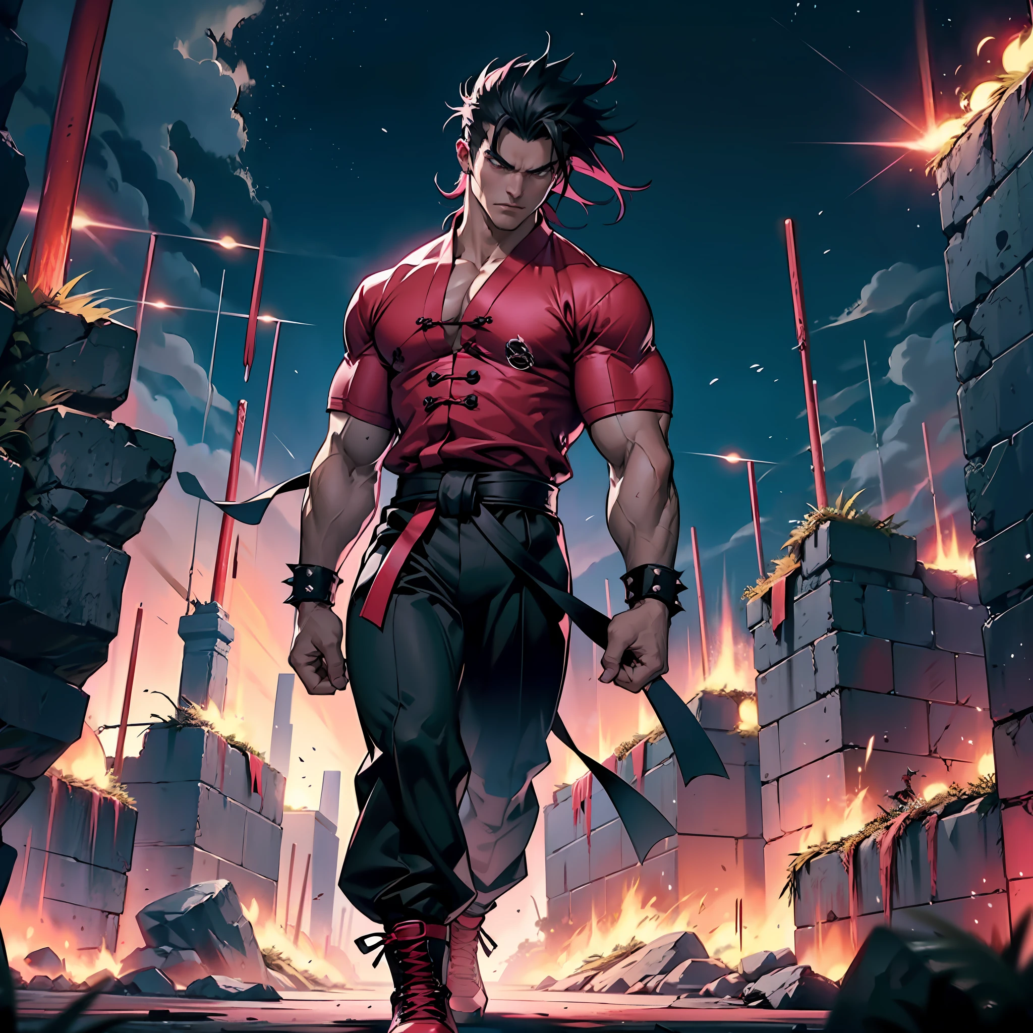 Muscular man, defined body, developed body, kung fu fighter, red blouse with buttons, long black pants of black color, black belt at the waist, spiky hair, short black colored hair (hair with pink locks at the ends), wrestler's shoes, serious look, ancient kingdom, near a crater, night scene, alone, walking on his back.