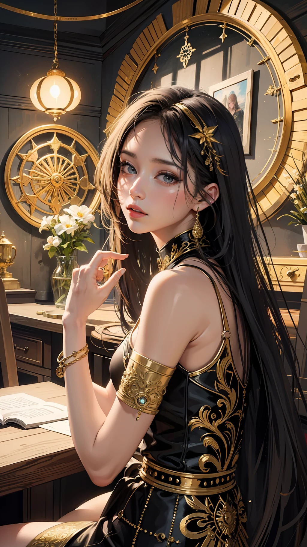 PerfectNwsjMajic,(masterpiece, top quality, best quality, official art, beautiful and aesthetic:1.2), (1girl), extreme detailed,colorful,highest detailed, official art, unity 8k wallpaper, ultra detailed, beautiful and aesthetic, beautiful, masterpiece, best quality, (zentangle, mandala, tangle, entangle) ,holy light,gold foil,gold leaf art,glitter drawing,