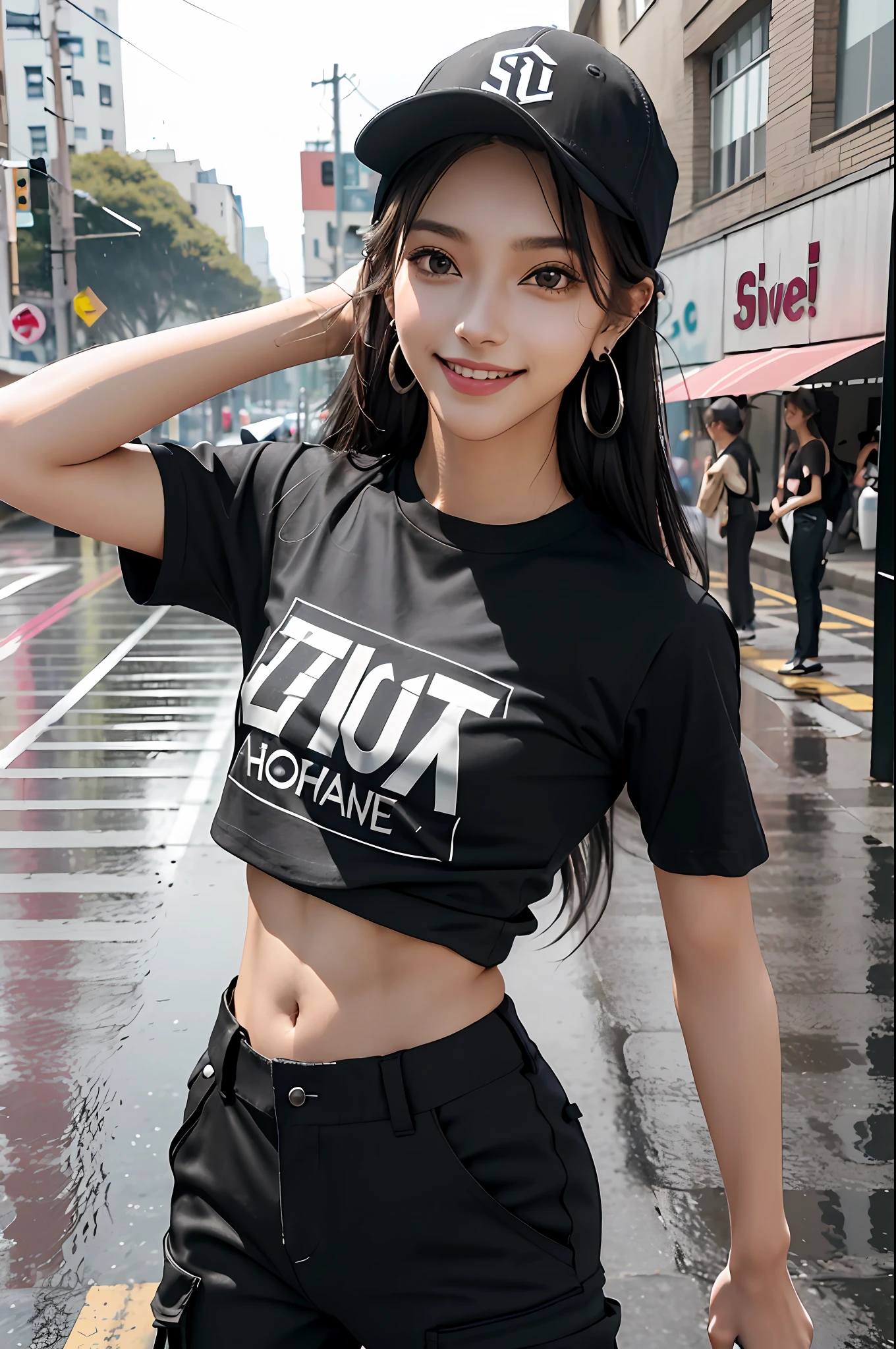 (dalcefo),
ultra resolution,
(realistic:1.7),
(1 slim girl), stylish girl, fashion,
young face, blush, (evil smile),
(slim) thigh,
baseball cap, earrings,
(black T-shirt), (baggy cargo pants),
street dance, dance on street, dance pose, dancing, gravure,
rainy city street,