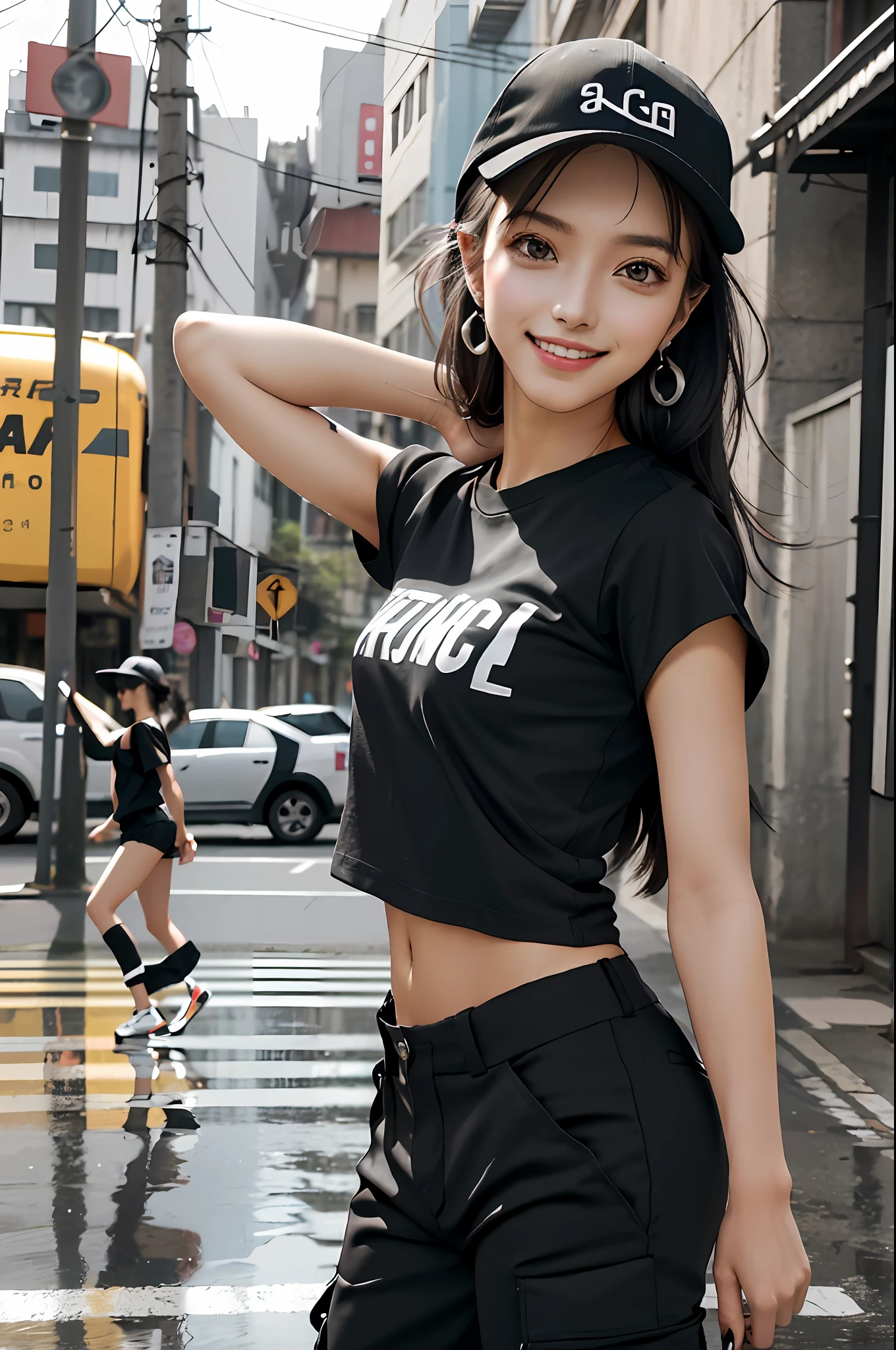 (dalcefo),
ultra resolution,
(realistic:1.7),
(1 slim girl), stylish girl, fashion,
young face, blush, (evil smile),
(slim) thigh,
baseball cap, earrings,
(black T-shirt), (baggy cargo pants),
street dance, dance on street, dance pose, dancing, gravure,
rainy city street,