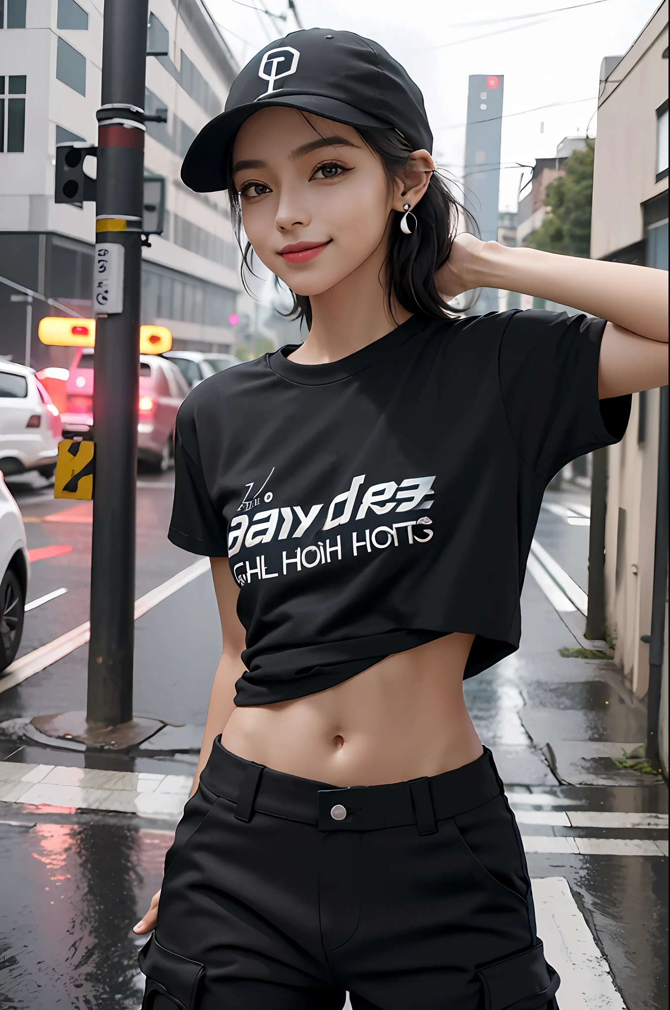 (dalcefo),
ultra resolution,
(realistic:1.7),
(1 slim girl), stylish girl, fashion,
young face, blush, (evil smile),
(slim) thigh,
baseball cap, earrings,
(black T-shirt), (baggy cargo pants),
street dance, dance on street, dance pose, dancing, gravure,
rainy city street,