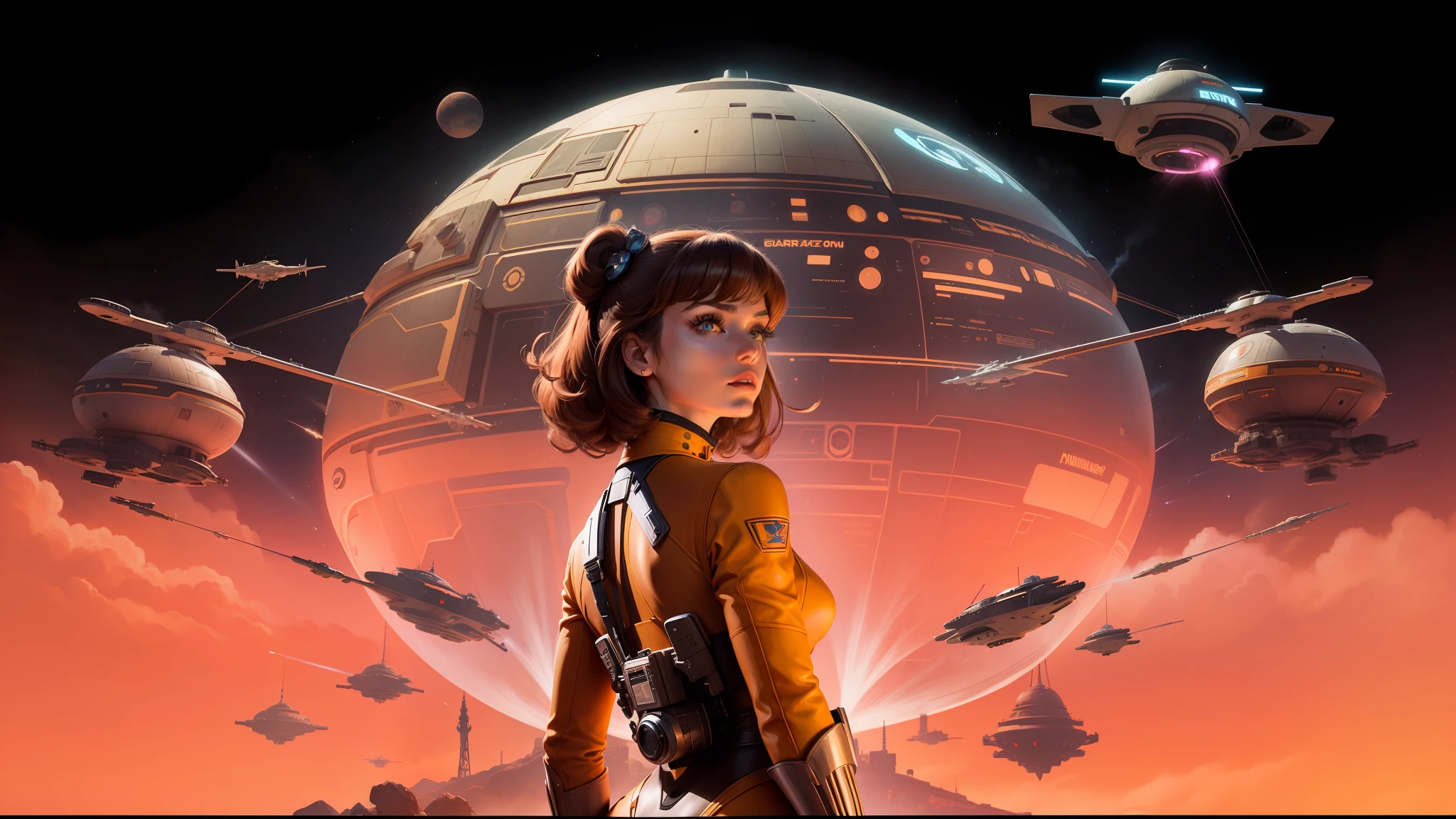 there is a woman standing in front of a spaceship with a spaceship in the background, pulp style poster, cinemascope panorama, cryptocurrency in the background, coiffed brown hair, wearing a pink ballroom gown, beautiful android woman, inspired by Howard Lyon, an imperial agent from star wars, girlboss, dating app icon, fiberglass, official artwork, by Richard Hess --ar 16:9 --v 5.1