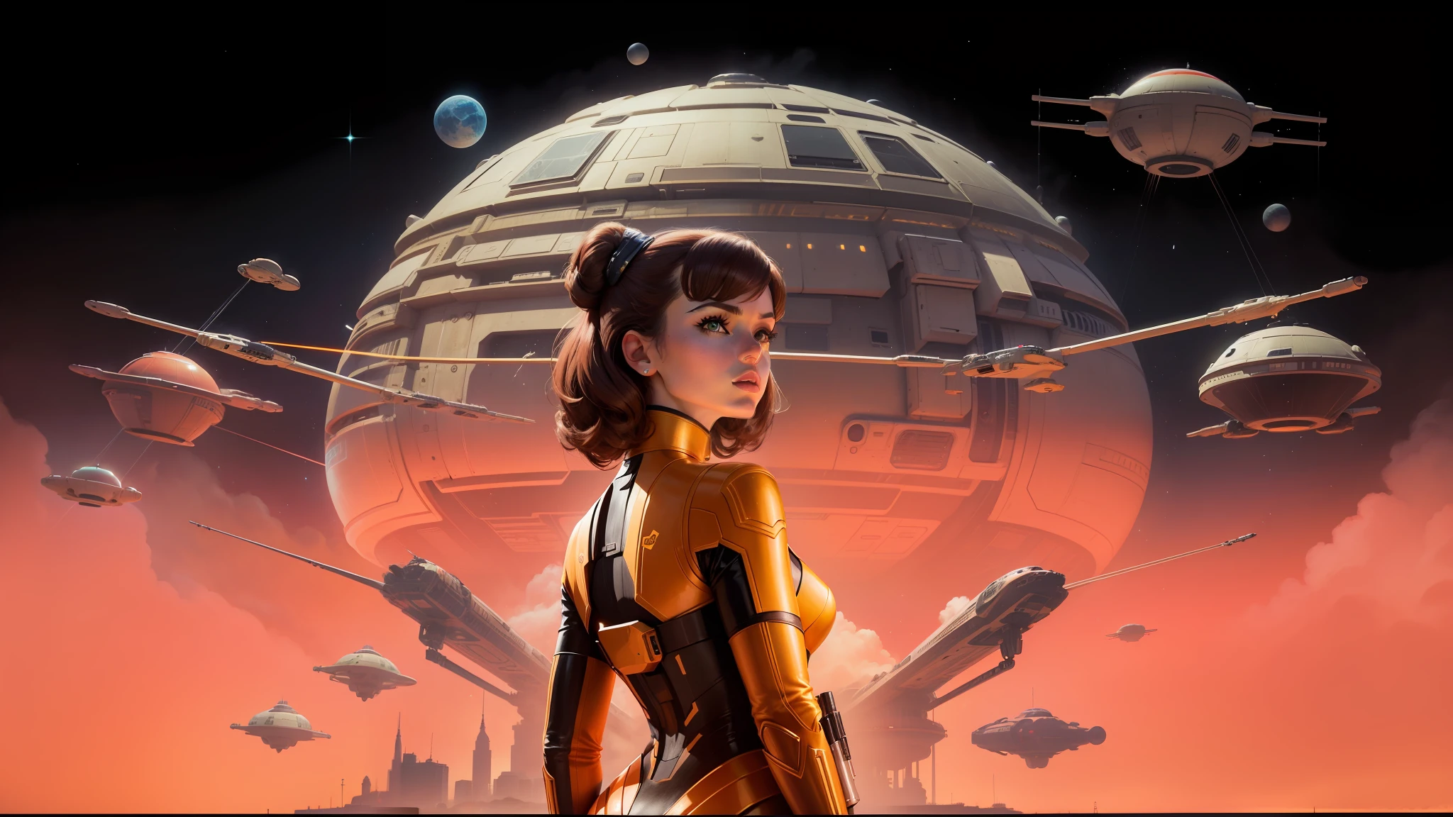 there is a woman standing in front of a spaceship with a spaceship in the background, pulp style poster, cinemascope panorama, cryptocurrency in the background, coiffed brown hair, wearing a pink ballroom gown, beautiful android woman, inspired by Howard Lyon, an imperial agent from star wars, girlboss, dating app icon, fiberglass, official artwork, by Richard Hess --ar 16:9 --v 5.1