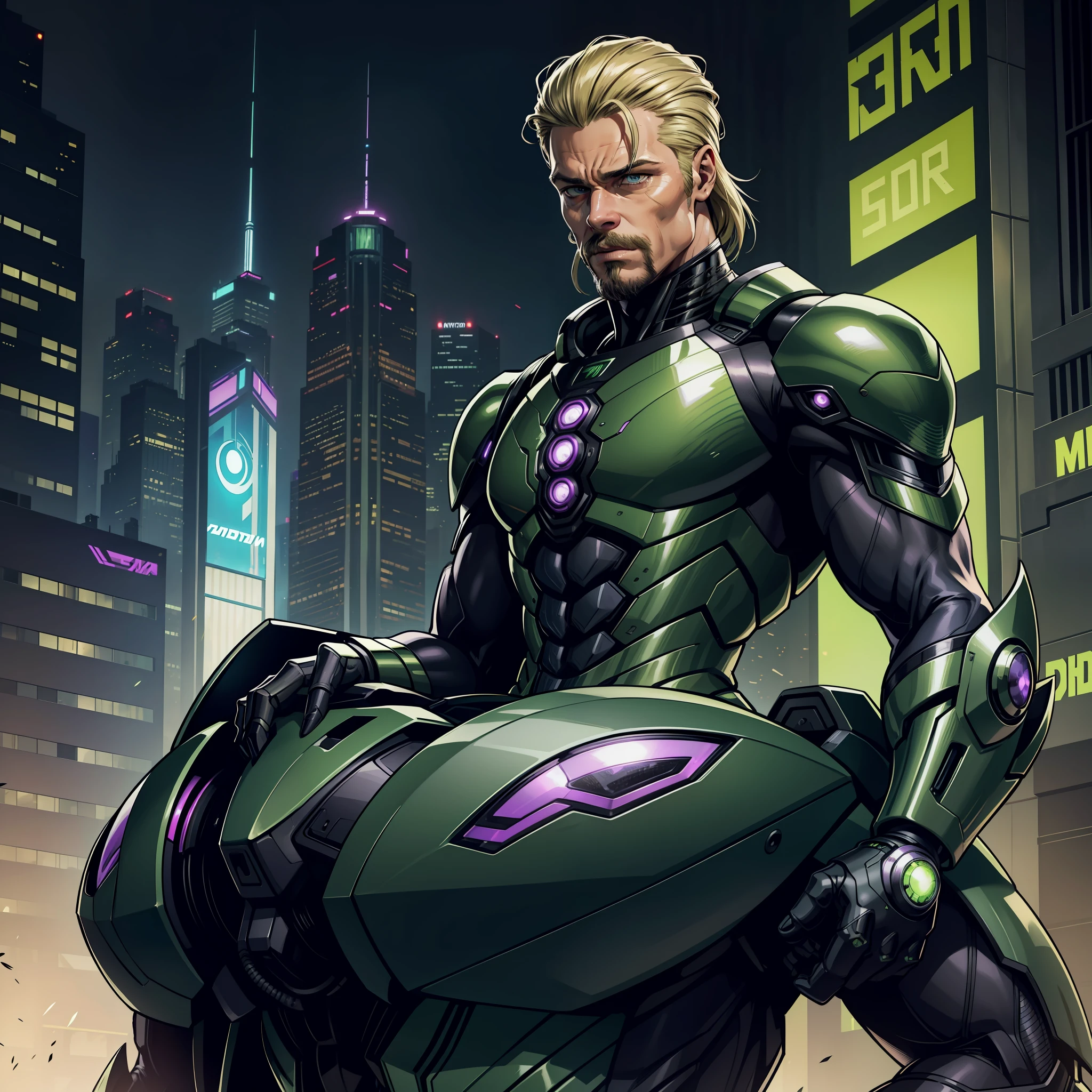 "(bioarmor symbiote mantis metallic green and purple cyberpunk:1) (1man) dark theme :: focus on face closeup, face Brad Pitt, serious face, ultra realistic futuristic cyberpunk tall athletic man jumping over cyberpunk buildings :: medium blonde hair :: mustache and goatee :: cool cybernetic mantis theme bioarmor :: mantis helm :: natural lighting :: bokeh :: 8k :: best quality :: masterpiece :: insanely detailed:1.5"