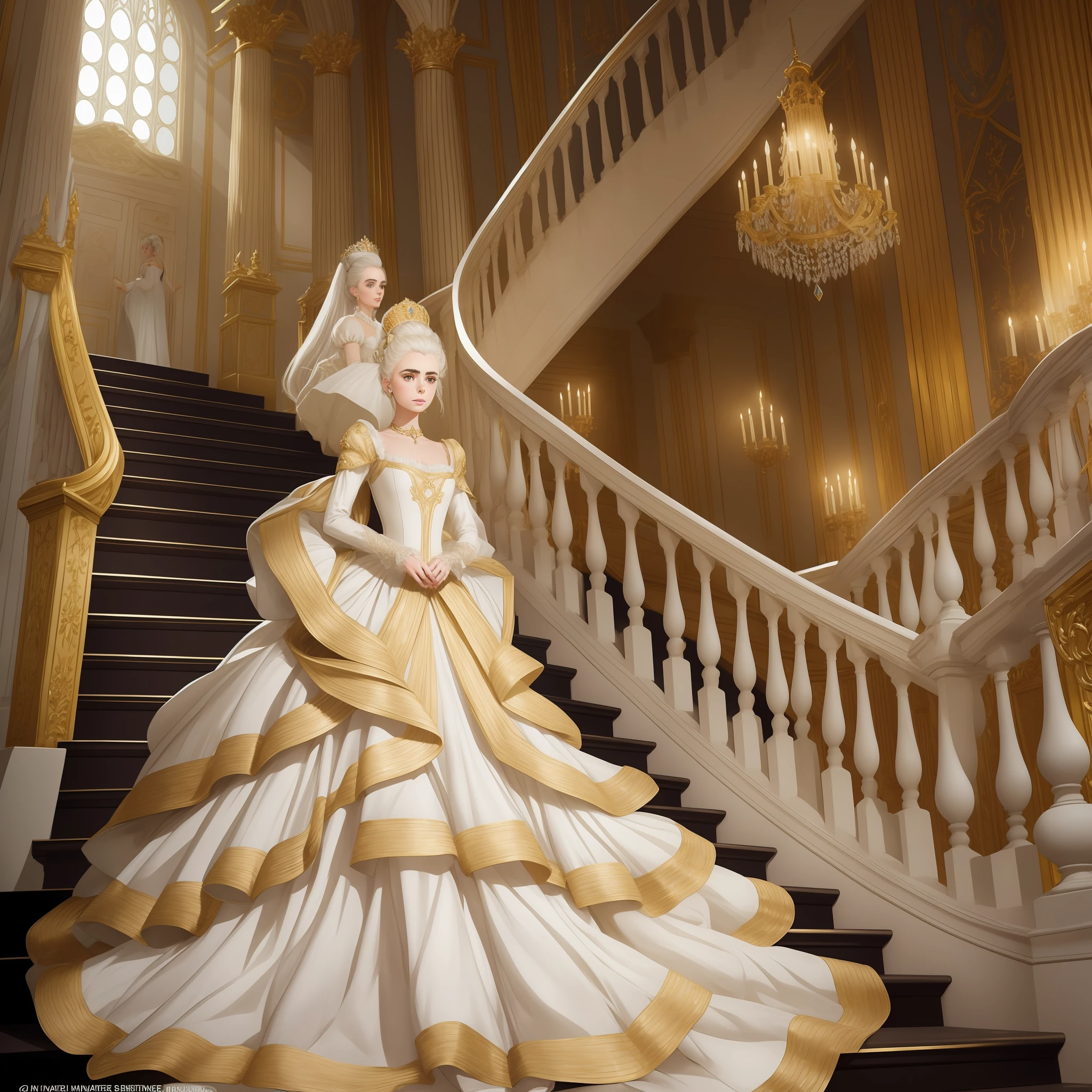 Lily Collins with white hair with Marie Antoinette hairstyle, wearing a super detailed gold long sleeve dress and gloves, diamond tiara, coming down the stairs from inside a palace in the hall where a costume ball with various ladies and knights takes place illustration is detailed, smooth and bright, art by Greg Rutkowski
