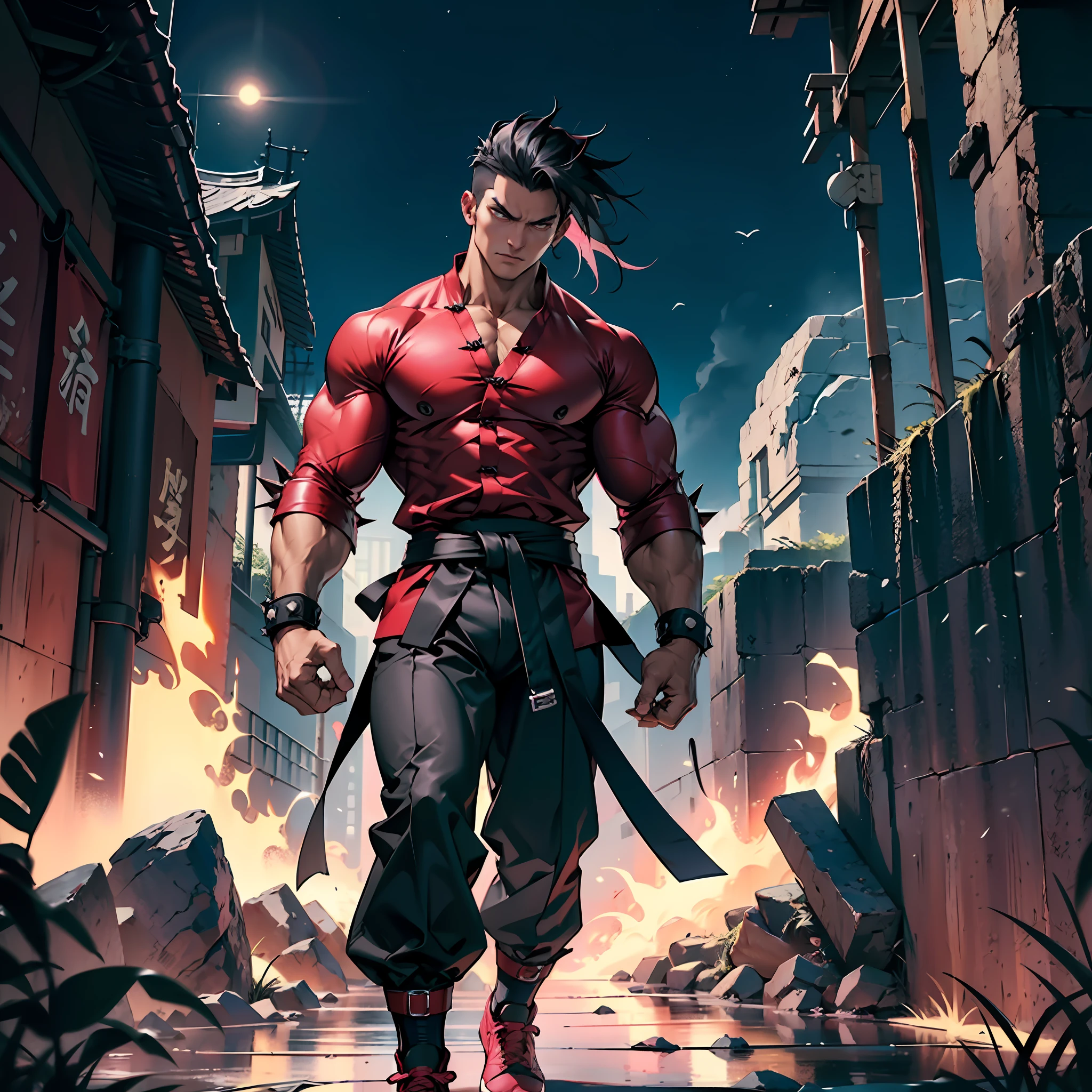 Muscular man, defined body, developed body, kung fu fighter, red blouse with buttons, long black pants of black color, black belt at the waist, spiky hair, short black colored hair (hair with pink locks at the ends), wrestler's shoes, serious look, ancient kingdom, near a crater, night scene, alone, walking on his back.