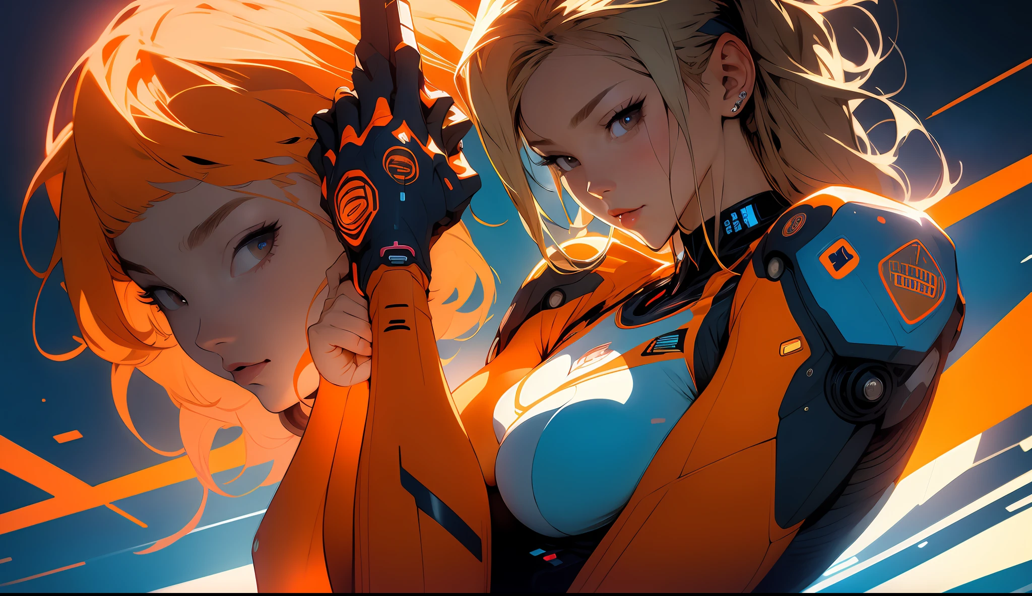 ((Best quality)), ((masterpiece)), (detailed: 1.4), Robot pilot woman muscular body defined, Neon evangelion style, half thick naked thighs, closed mouth, only panties, muscular body parts covered by technological clothing, (((medium breasts)) perfect, generous neckline, ((orange clothing)), Holland, pastel, (((mechanical arm)))), airplane wings on the back, blonde hair with orange locks, short underwear,  garter belt, by mucha, niji --V5, close to real, best quality, almost naked, psychopath, crazy face, sexy pose, psychedelic background, 2 pieces clothing, Holland symbol designs, cyberpunk, dark blue bra with the sun, (((clothes with the colors of the shirt of the Dutch national team )))), pointed shoulder pads, blue eyes without pupils, HDR (High Dynamic Range),Ray Tracing, NVIDIA RTX,Super-Resolution,Unreal 5,Subsurface Dispersion, PBR Texture, Post-processing, Anisotropic Filtering, Depth of Field, Maximum Clarity and Sharpness, Multilayer Textures, Albedo and Specular Maps, Surface Shading, Accurate Simulation of Light-Material Interaction, Perfect Proportions, Octane Render, Two-Tone Lighting, Wide Aperture, Low ISO, White Balance, Rule of Thirds, 8K RAW, Crysisnanosuit