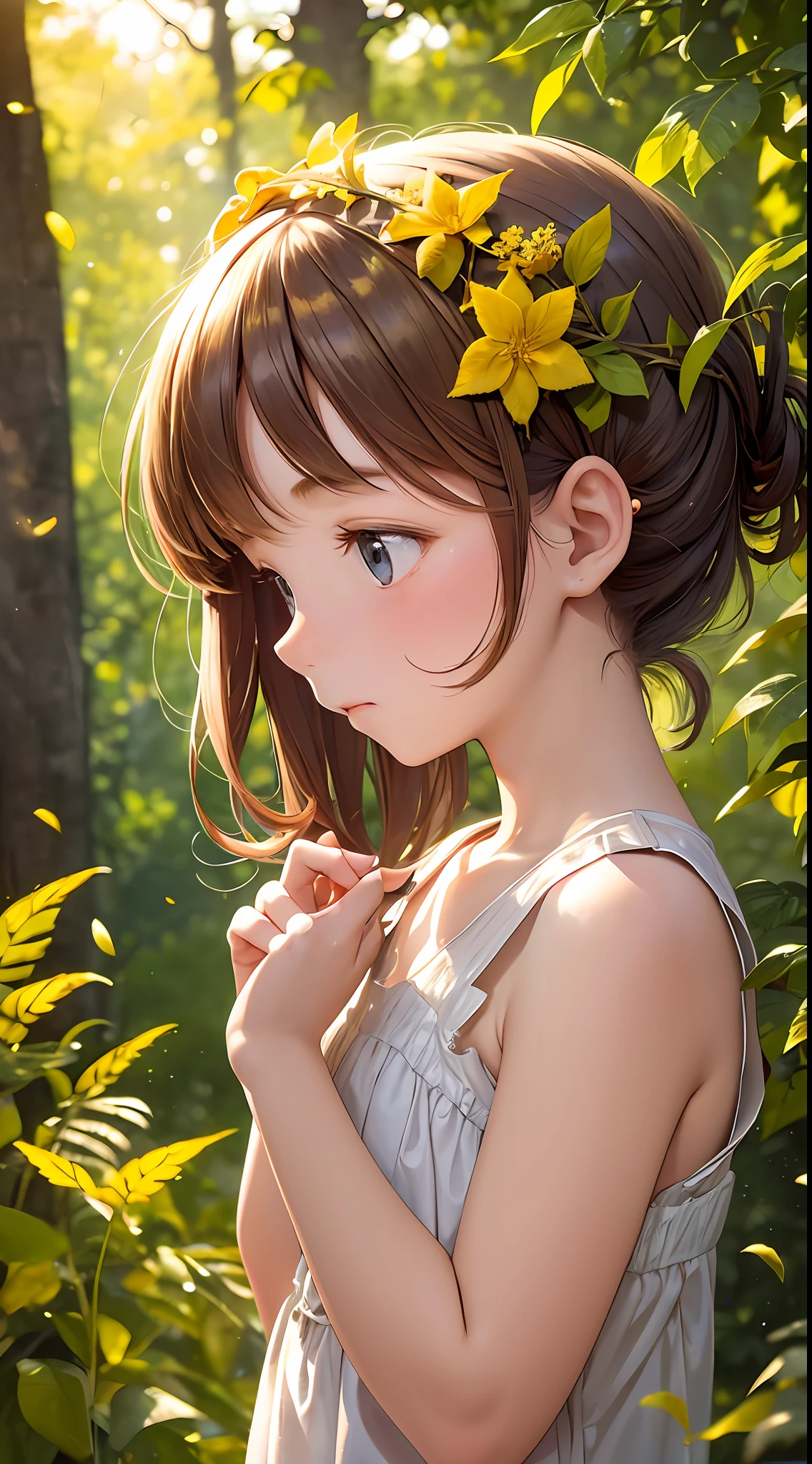 A serene image capturing a with her hands in her pockets, waiting for her mother to come home. The warm, golden sunlight filters through the leaves overhead, casting dappled hues on the child and illuminating the scene. The background features a flowing, brightly colored dappled atmosphere, with golden flowers and ferns framing the silhouette of a house with soft, golden lights. soft focus, telephoto lens, warm color palette --auto --s2